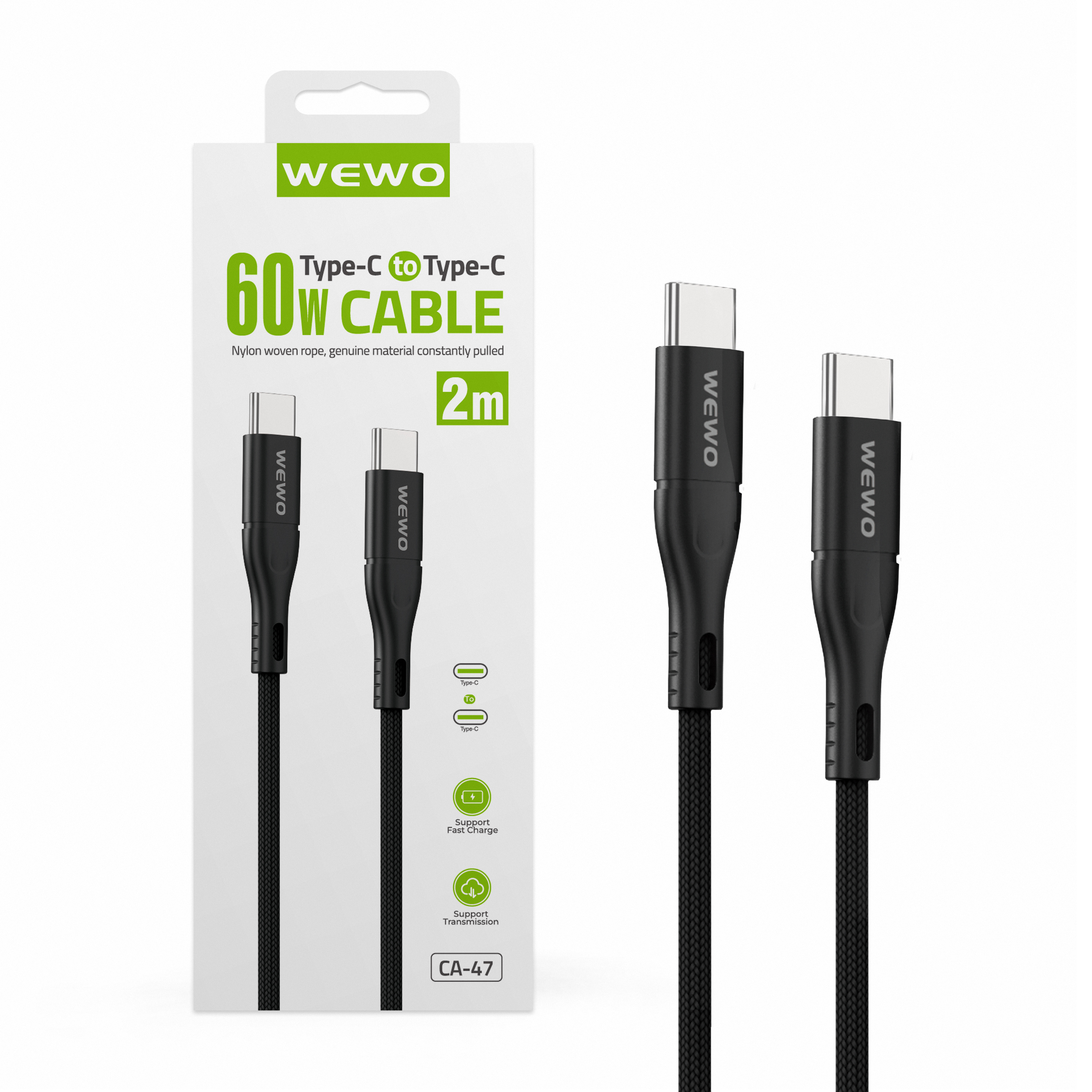 Usb data cable wewo ca-47 textile fast pd 60w/3a type c na type c crni 2m