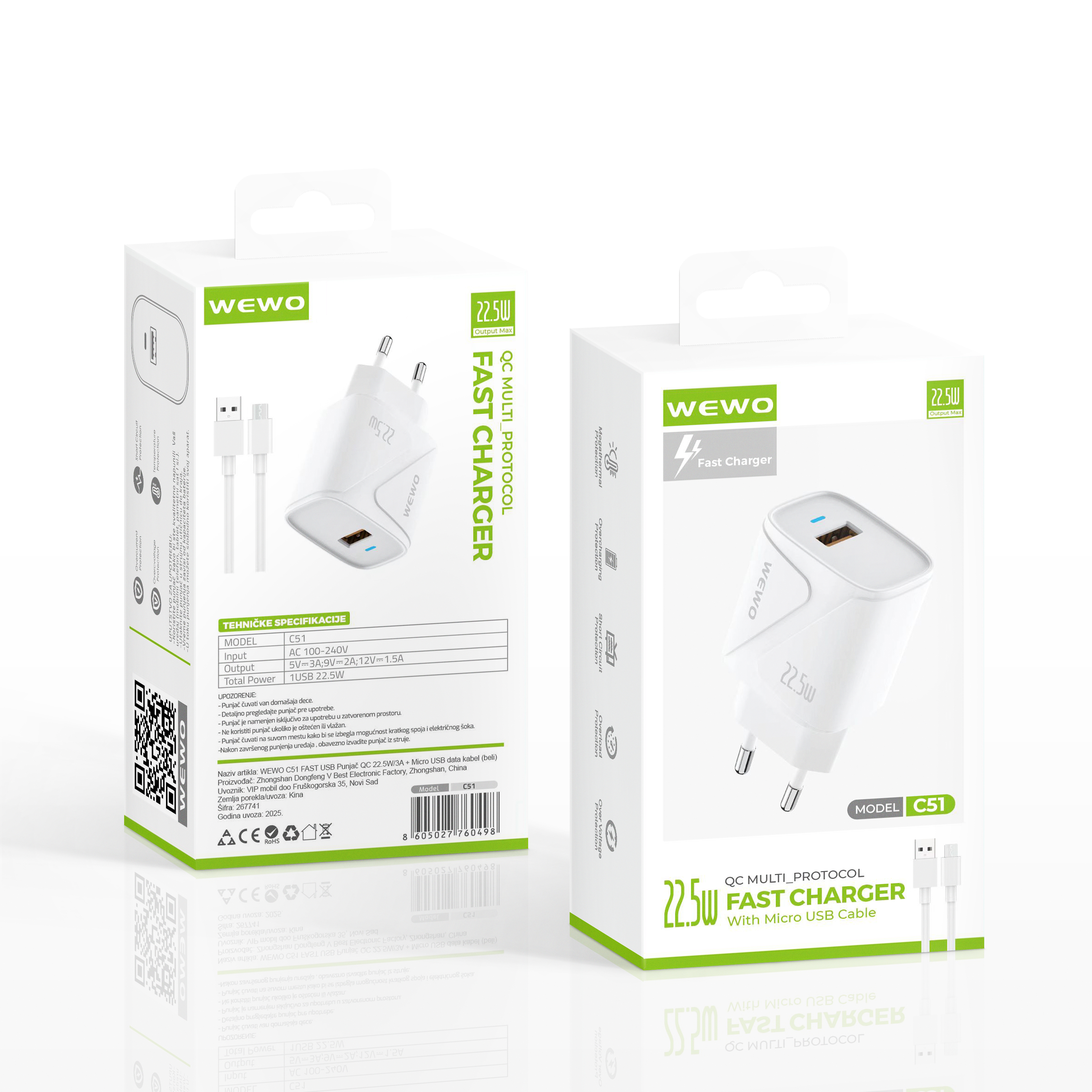 Wewo c51 fast usb punjač qc 22.5w/3a + micro usb data kabel (beli)