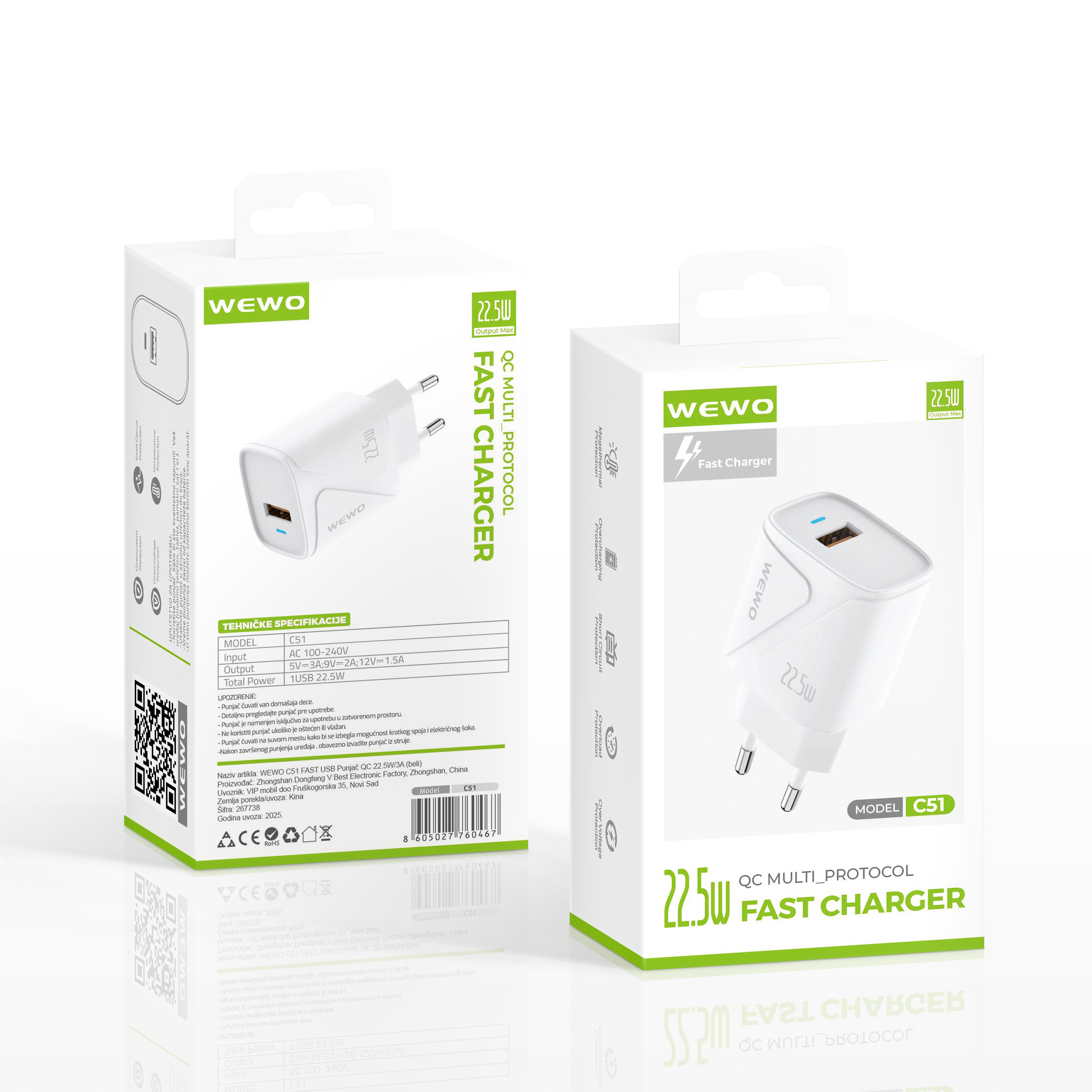 Wewo c51 fast usb punjač qc 22.5w/3a (beli)