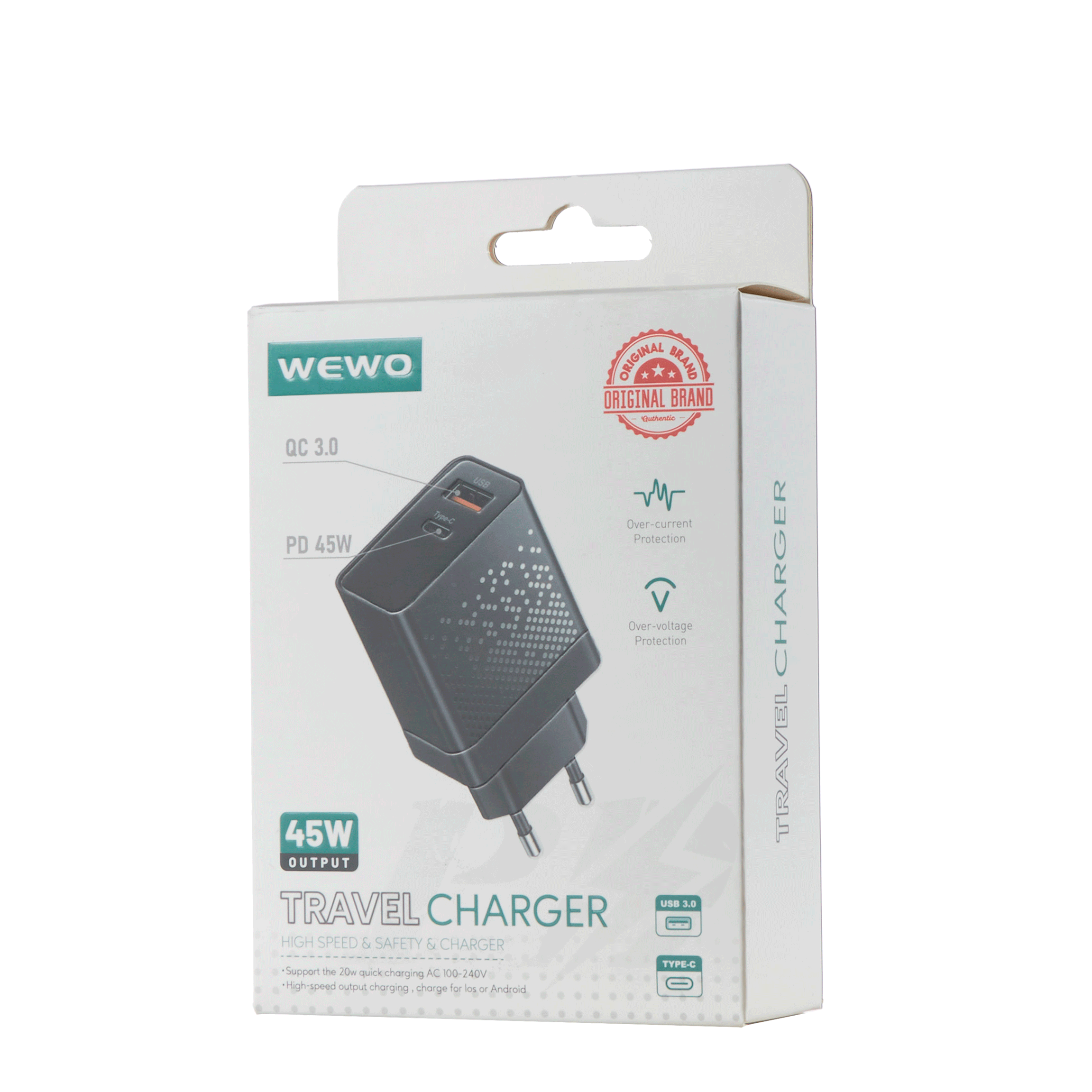 Wewo pd+usb punjač qc 45w/3a + type-c to type-c data cable (crni)