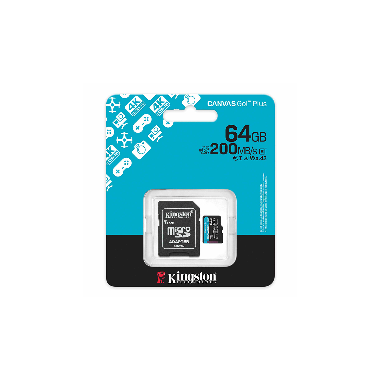 Kingston micro sd 64gb canvas go! plus class 10 uhs-i u3 v30 a2, read up to 200mb/s, for 4k and full hd video recordnig, w/sd adapter