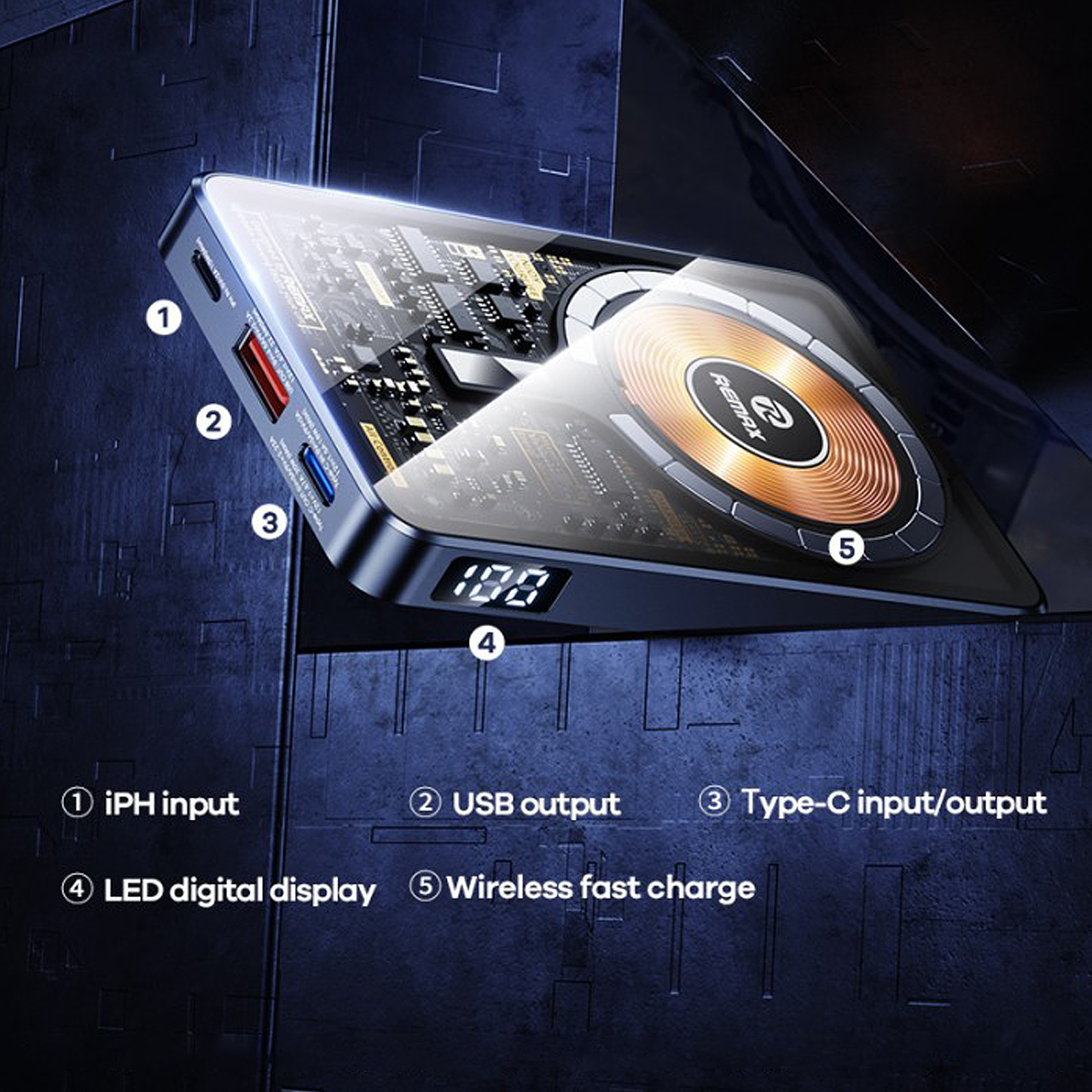Power bank remax walking rpp-558 20w+22.5w pd/qc cyberpunk transparent fast charge magnetic wireless 10000mah (crno-plavi)