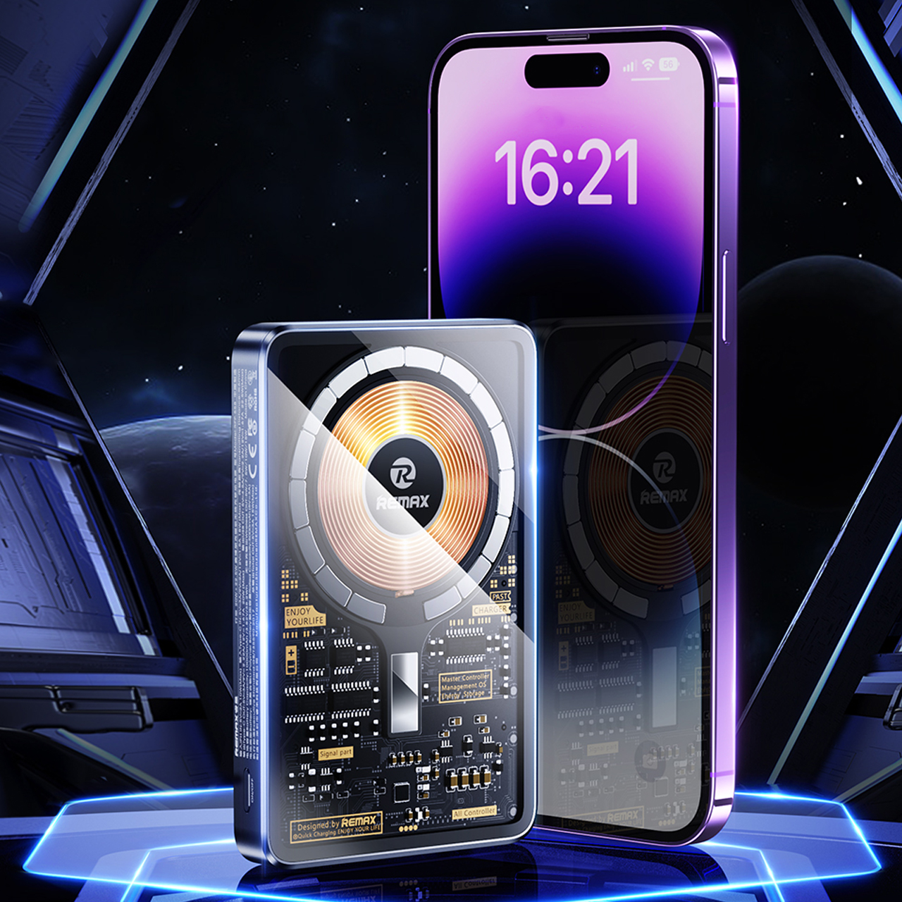 Power bank remax walking rpp-558 20w+22.5w pd/qc cyberpunk transparent fast charge magnetic wireless 10000mah (crno-plavi)