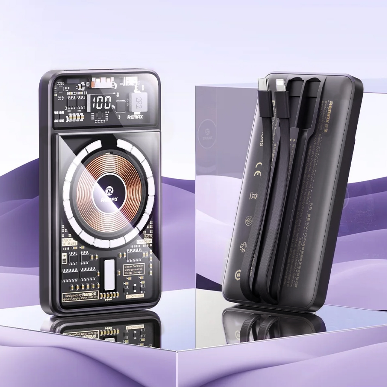 Power bank remax walking phantom rpp-580 20w+22.5w pd/qc + type c/iphone cable fast charge magnetic wireless 10000mah (crni)
