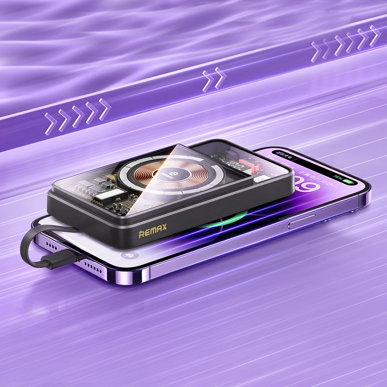 Power bank remax walking phantom rpp-580 20w+22.5w pd/qc + type c/iphone cable fast charge magnetic wireless 10000mah (crni)