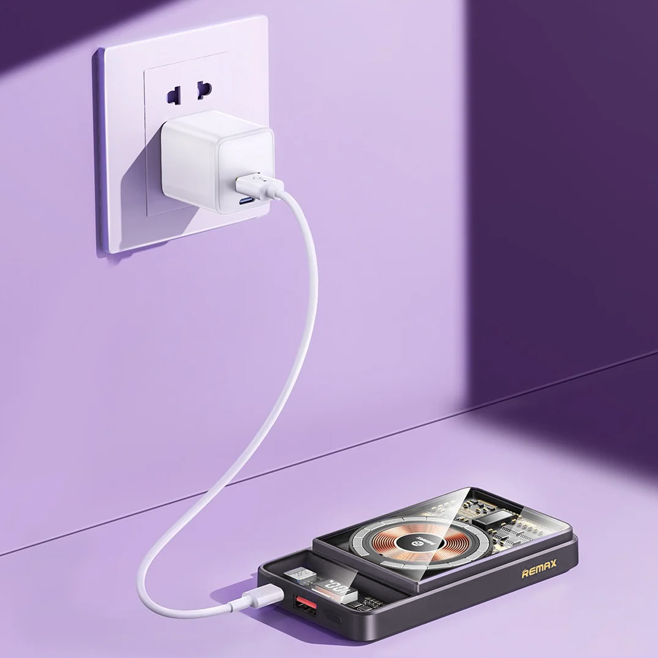 Power bank remax walking phantom rpp-580 20w+22.5w pd/qc + type c/iphone cable fast charge magnetic wireless 10000mah (crni)