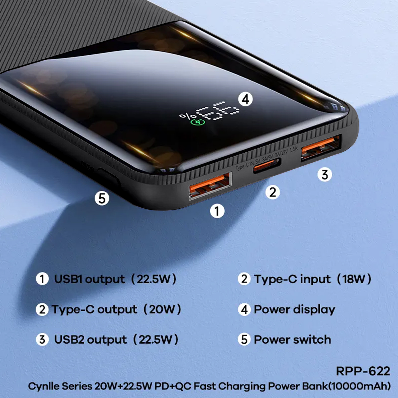 Power bank remax cynlle rpp-622 20w+22.5w pd/qc fast charge 10000mah (crni)