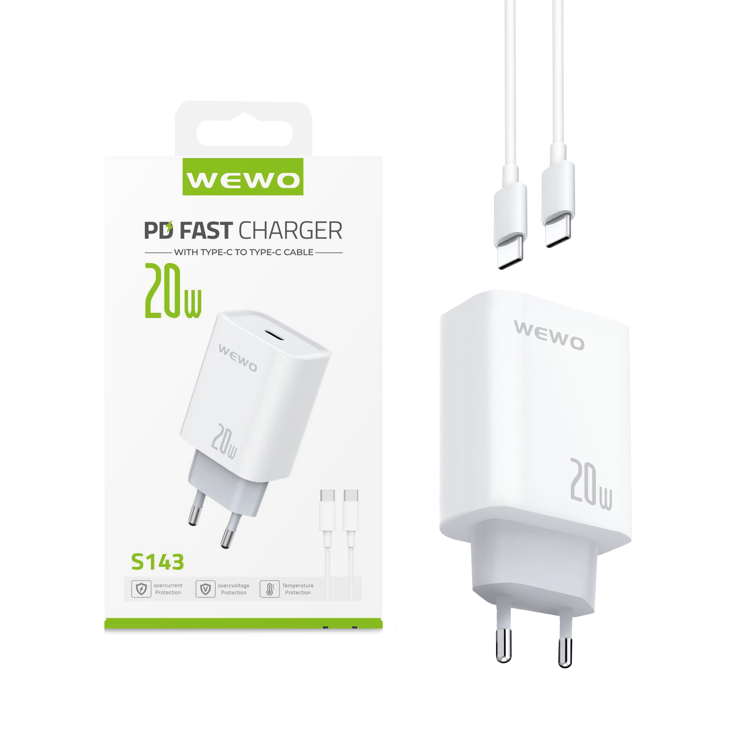 Wewo s143 fast pd punjač 20w/3a + type-c na type-c data kabel (beli)