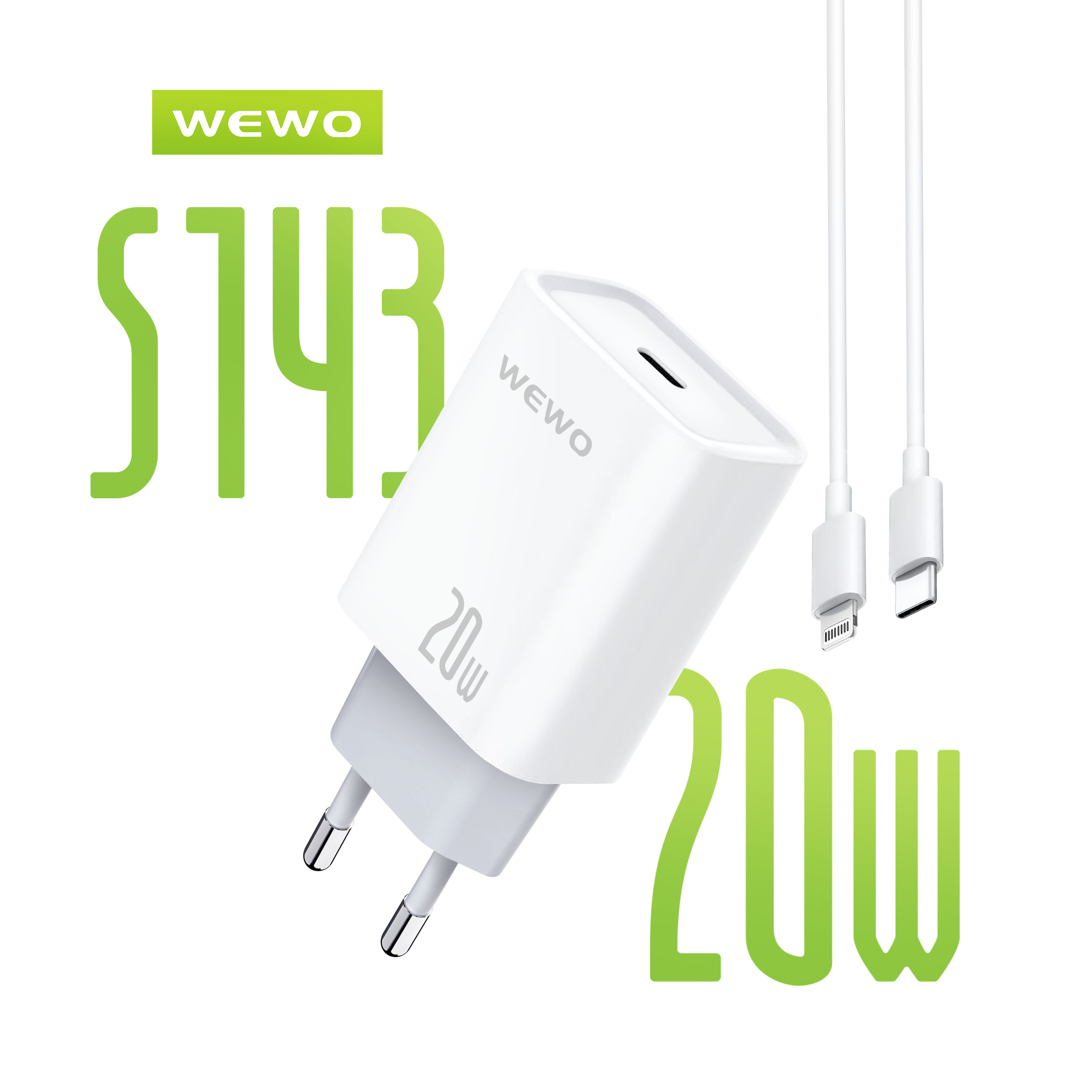WEWO S143 FAST PD Punjač 20W/3A + Type-C na Lightning data kabel (beli)