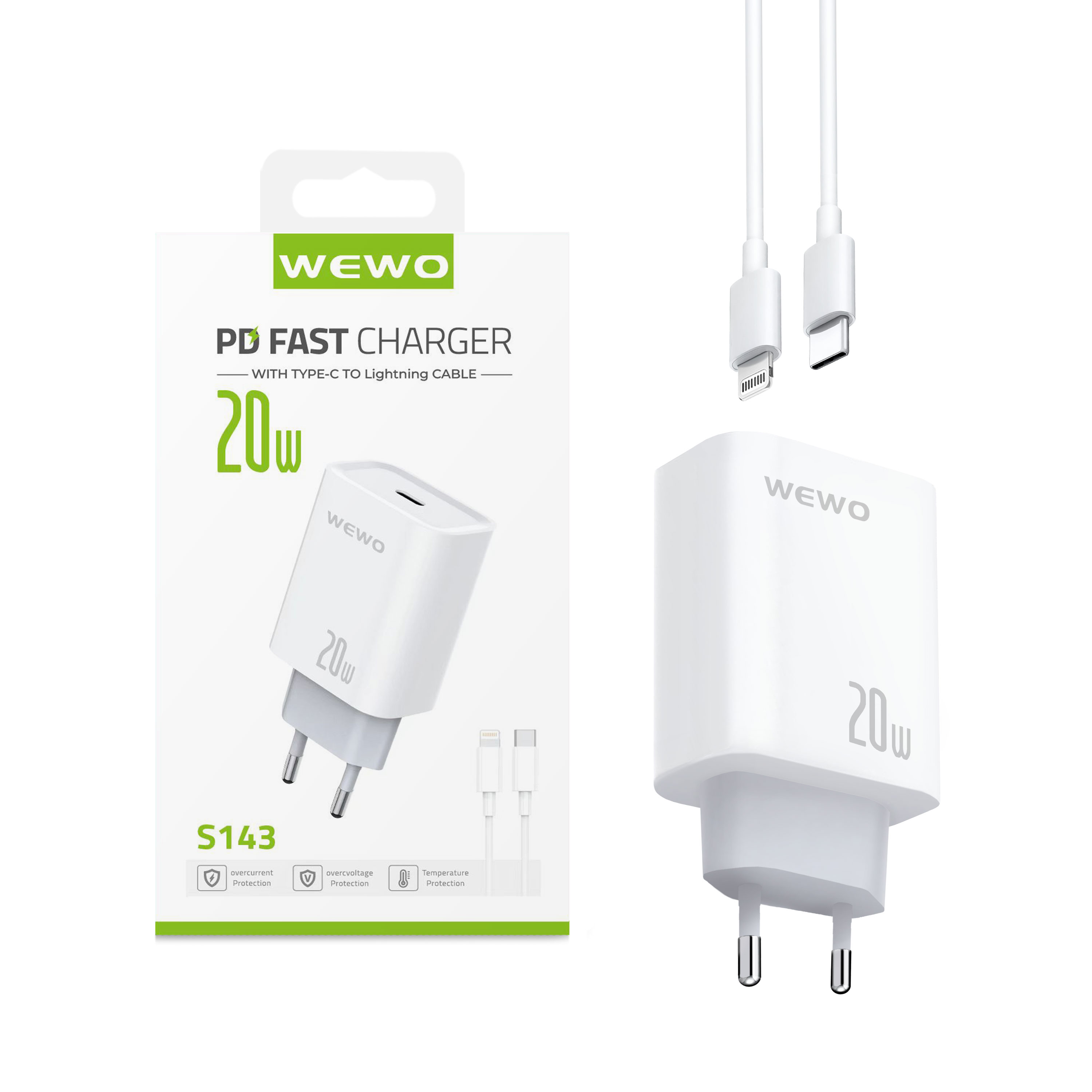 Wewo s143 fast pd punjač 20w/3a + type-c na lightning data kabel (beli)