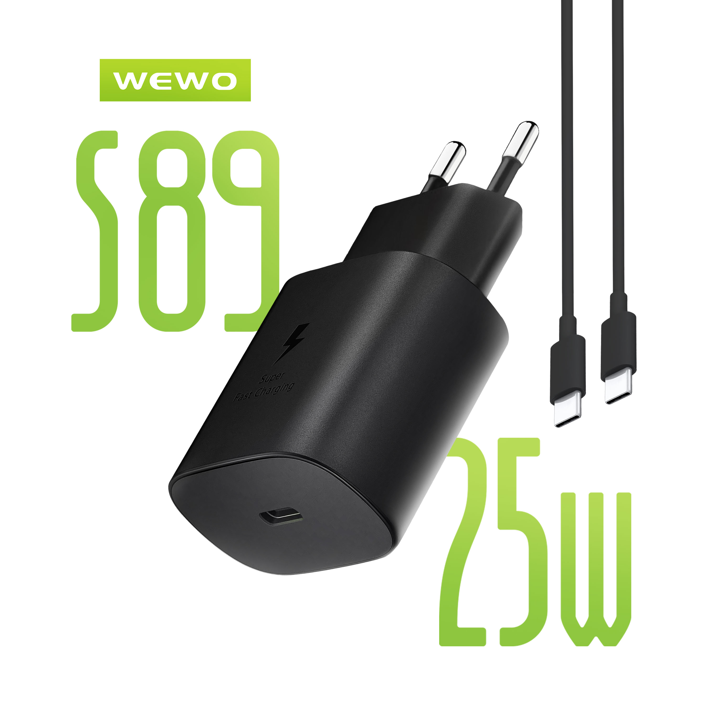 WEWO S89 SUPER FAST PD Punjač 25W/3A + Type-C na Type-C data kabel (crni)