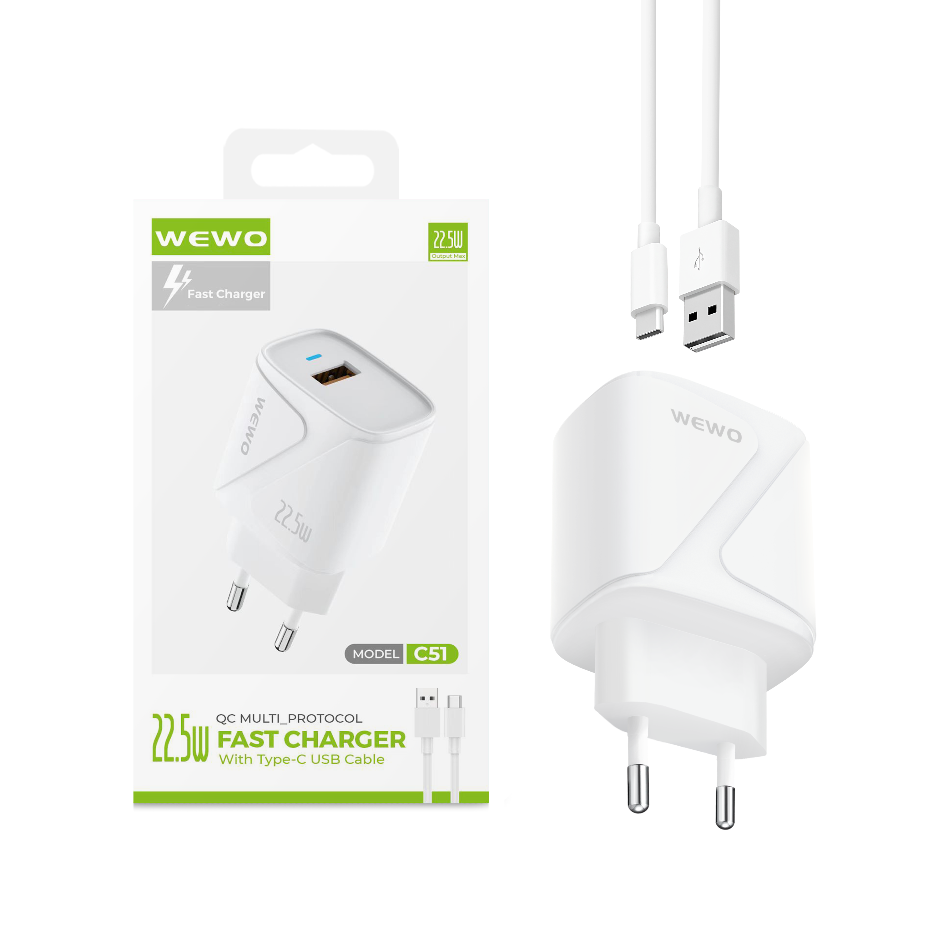 Wewo c51 fast usb punjač qc 22.5w/3a + type-c usb data kabel (beli)