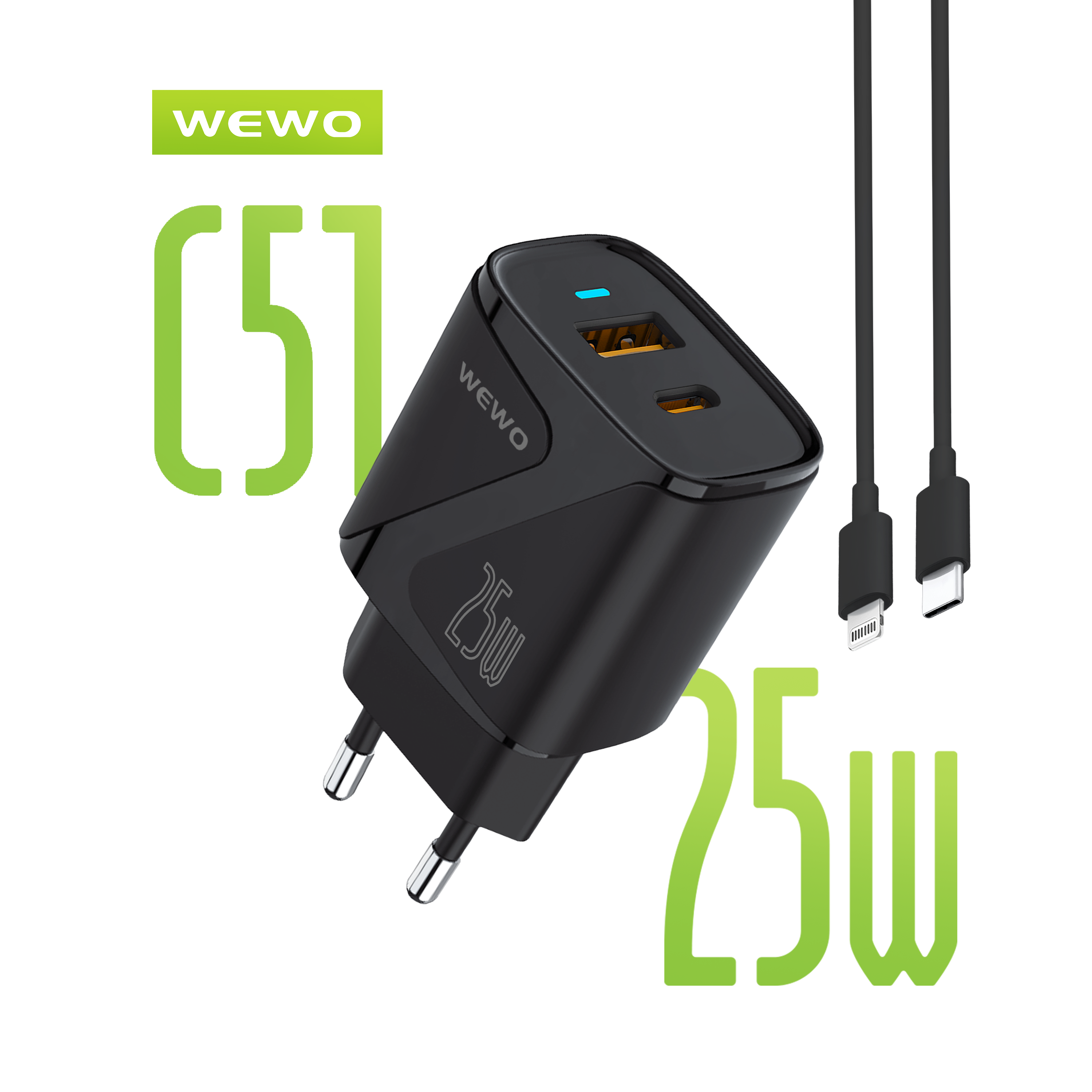 WEWO C51 SUPER FAST PD+USB Punjač QC 25W/3A + Type-C na Lightning data kabel (crni)