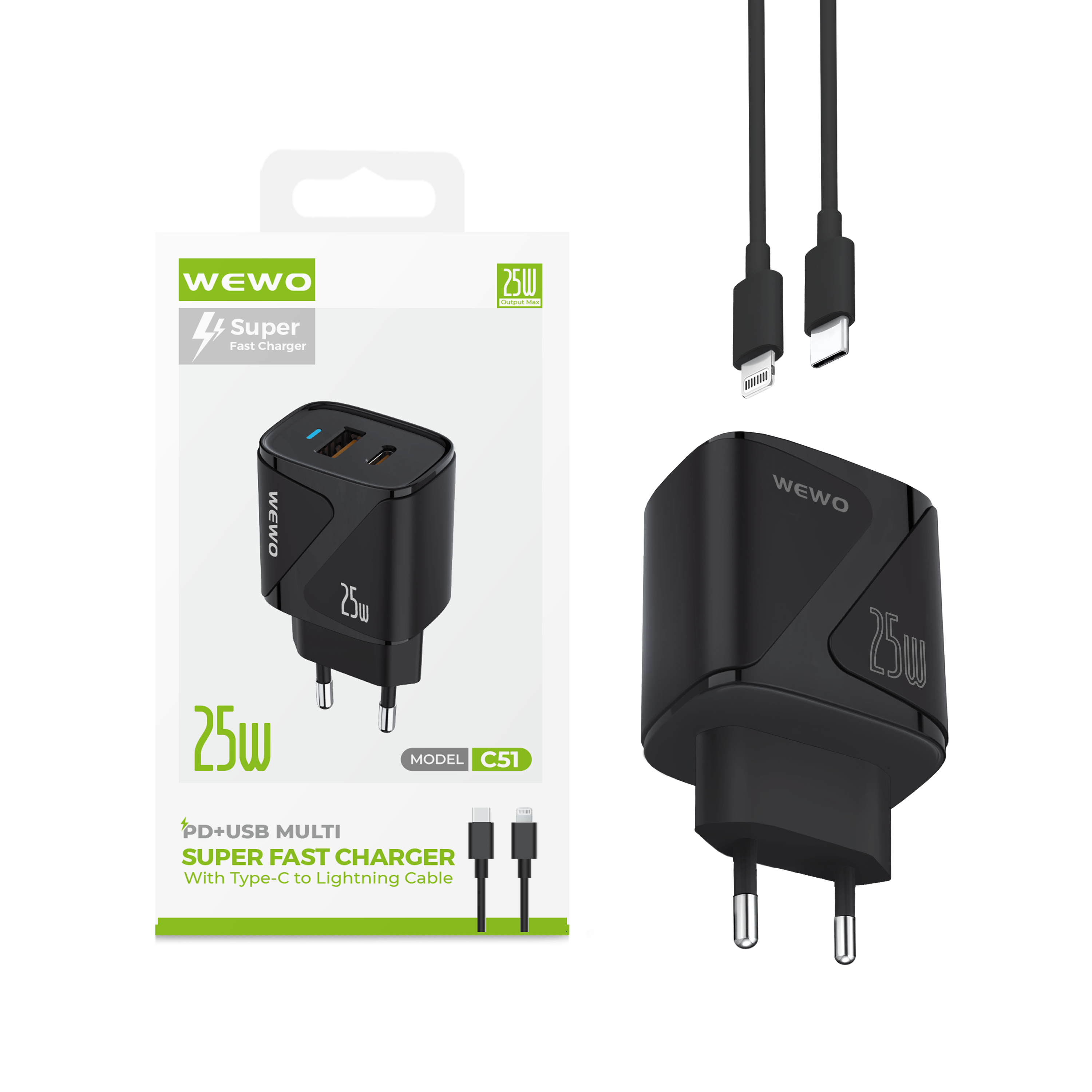 Wewo c51 super fast pd+usb punjač qc 25w/3a + type-c na lightning data kabel (crni)
