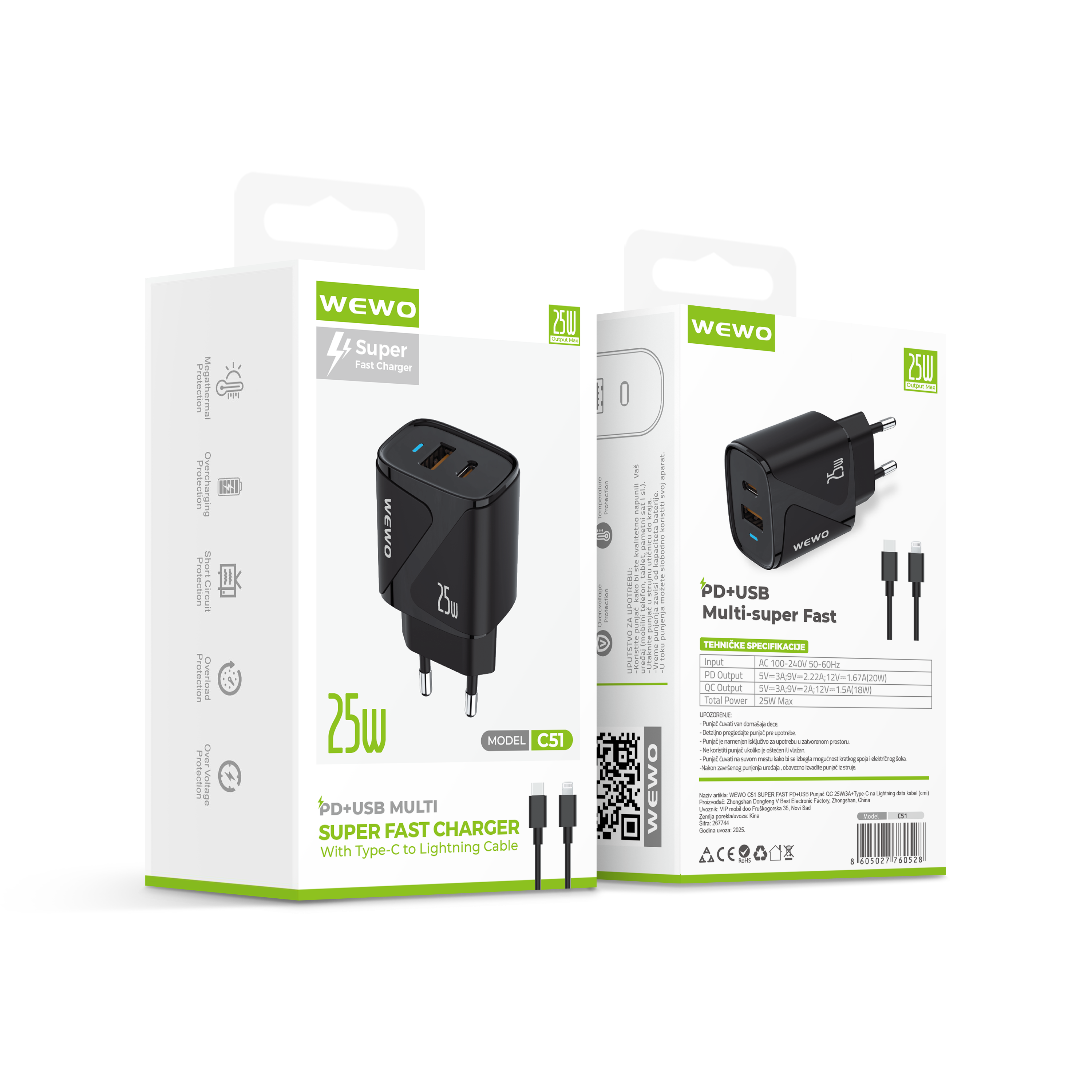 Wewo c51 super fast pd+usb punjač qc 25w/3a + type-c na lightning data kabel (crni)