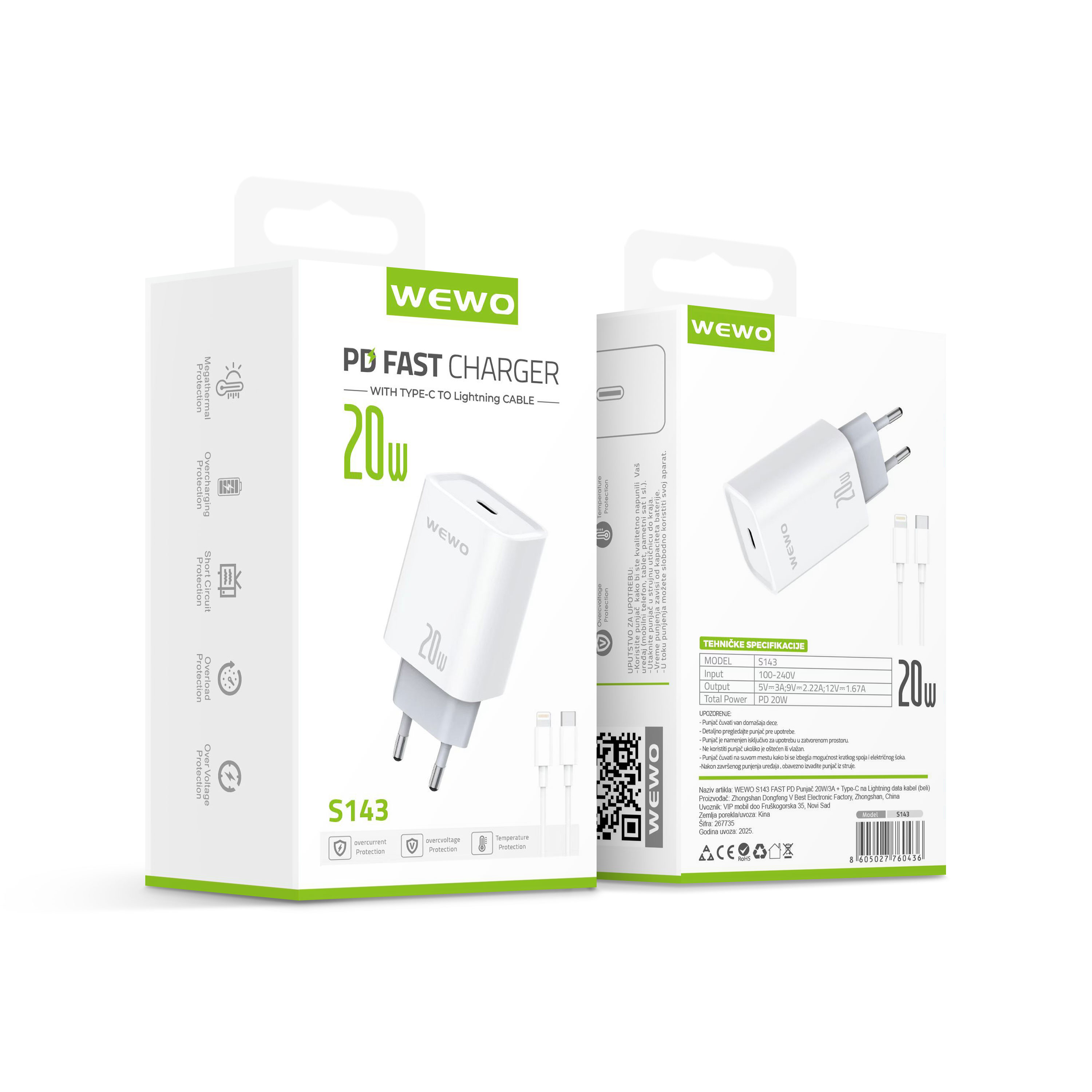 Wewo s143 fast pd punjač 20w/3a + type-c na lightning data kabel (beli)