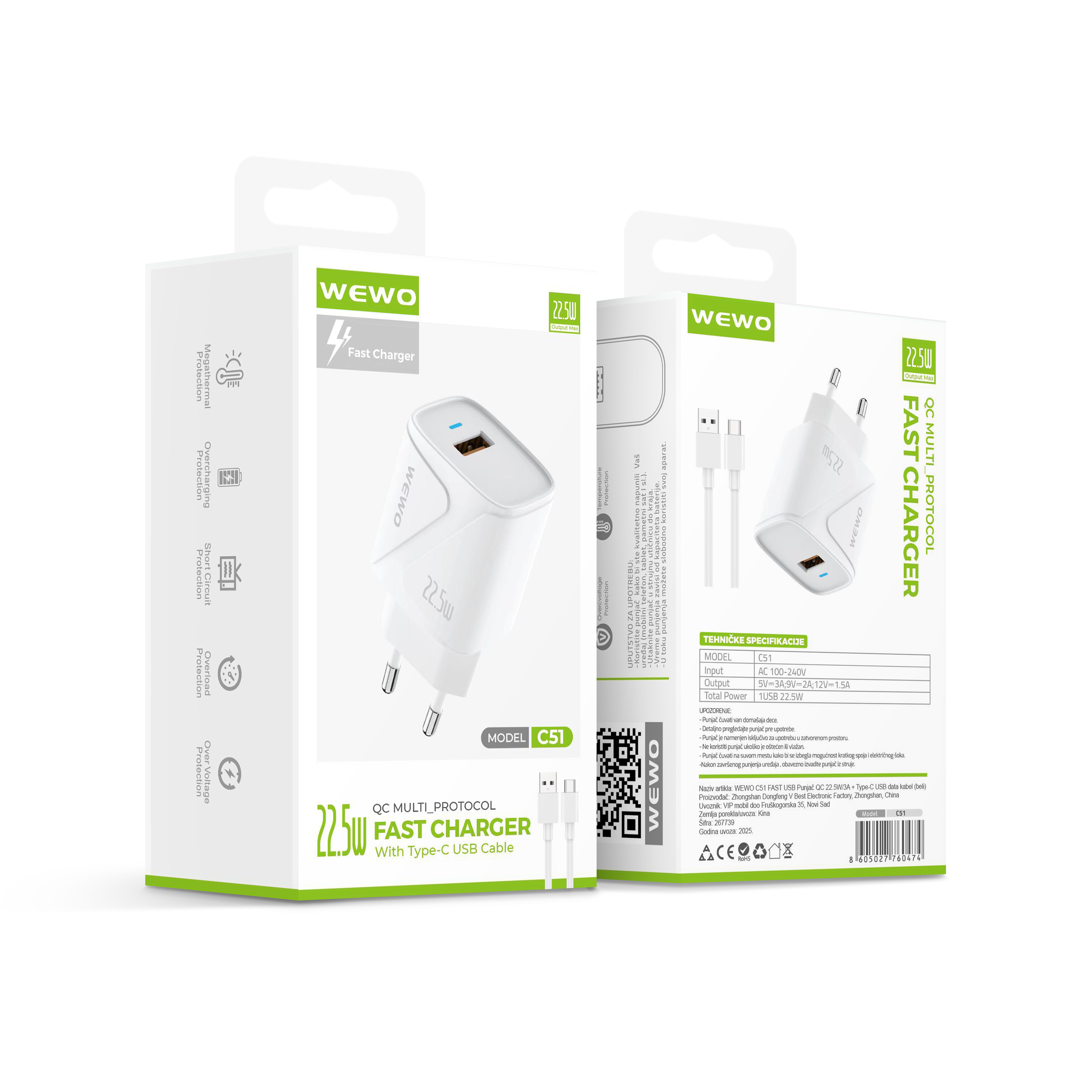 Wewo c51 fast usb punjač qc 22.5w/3a + type-c usb data kabel (beli)