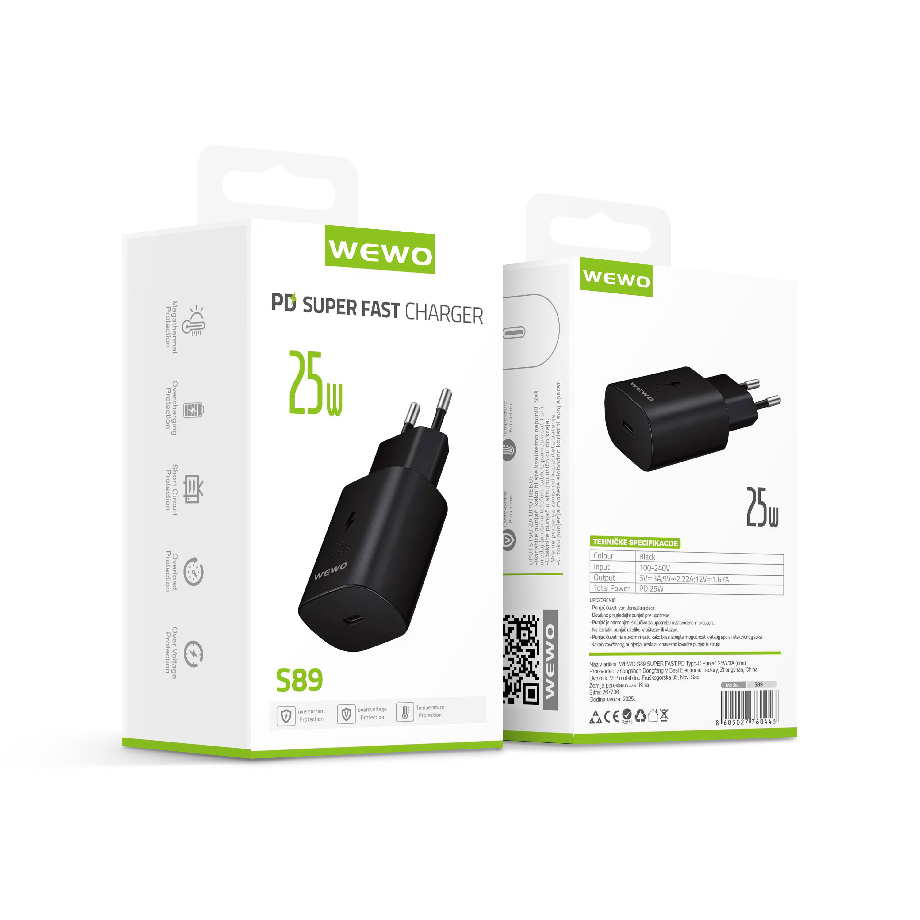 Wewo s89 super fast pd type-c punjač 25w/3a (crni)