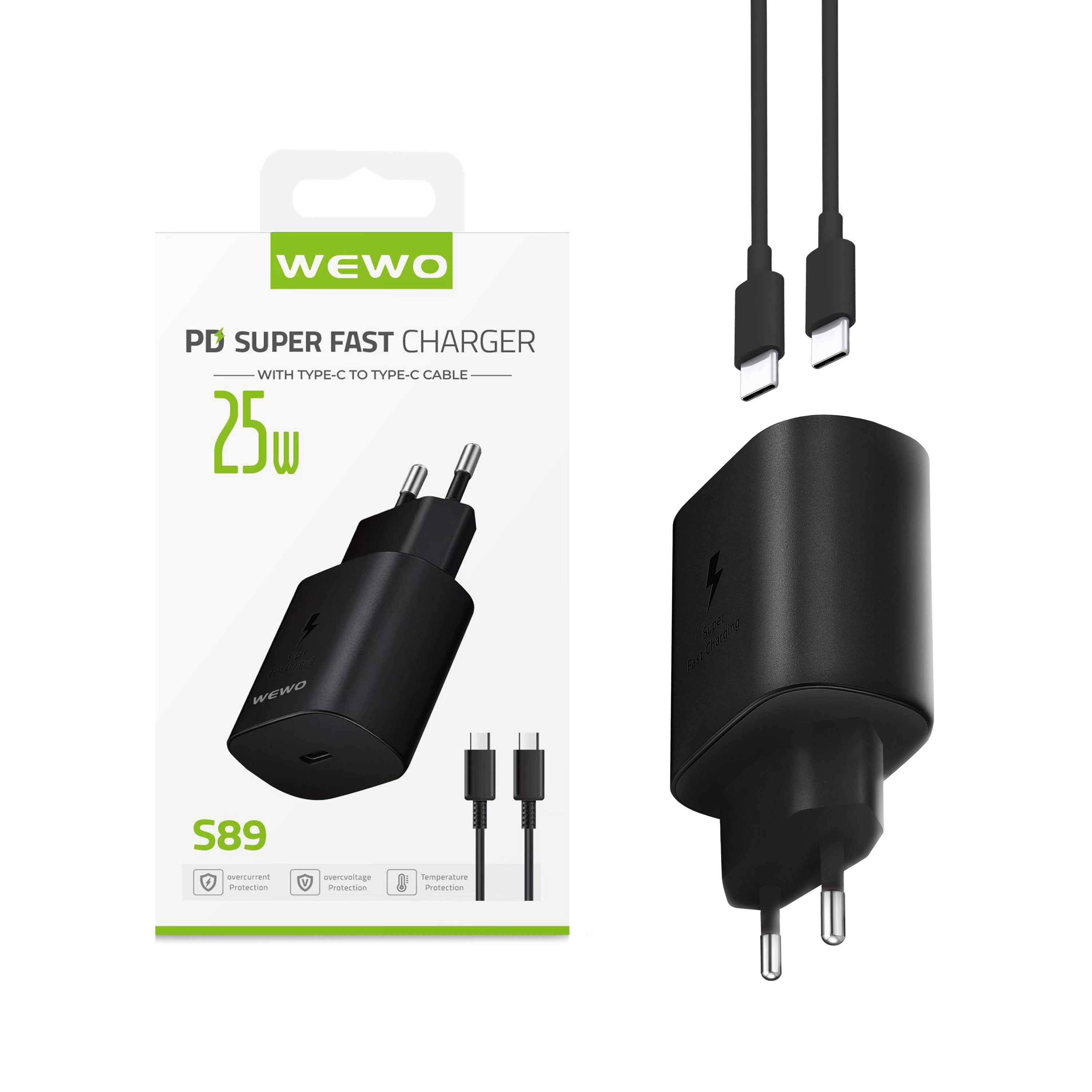 Wewo s89 super fast pd punjač 25w/3a + type-c na type-c data kabel (crni)