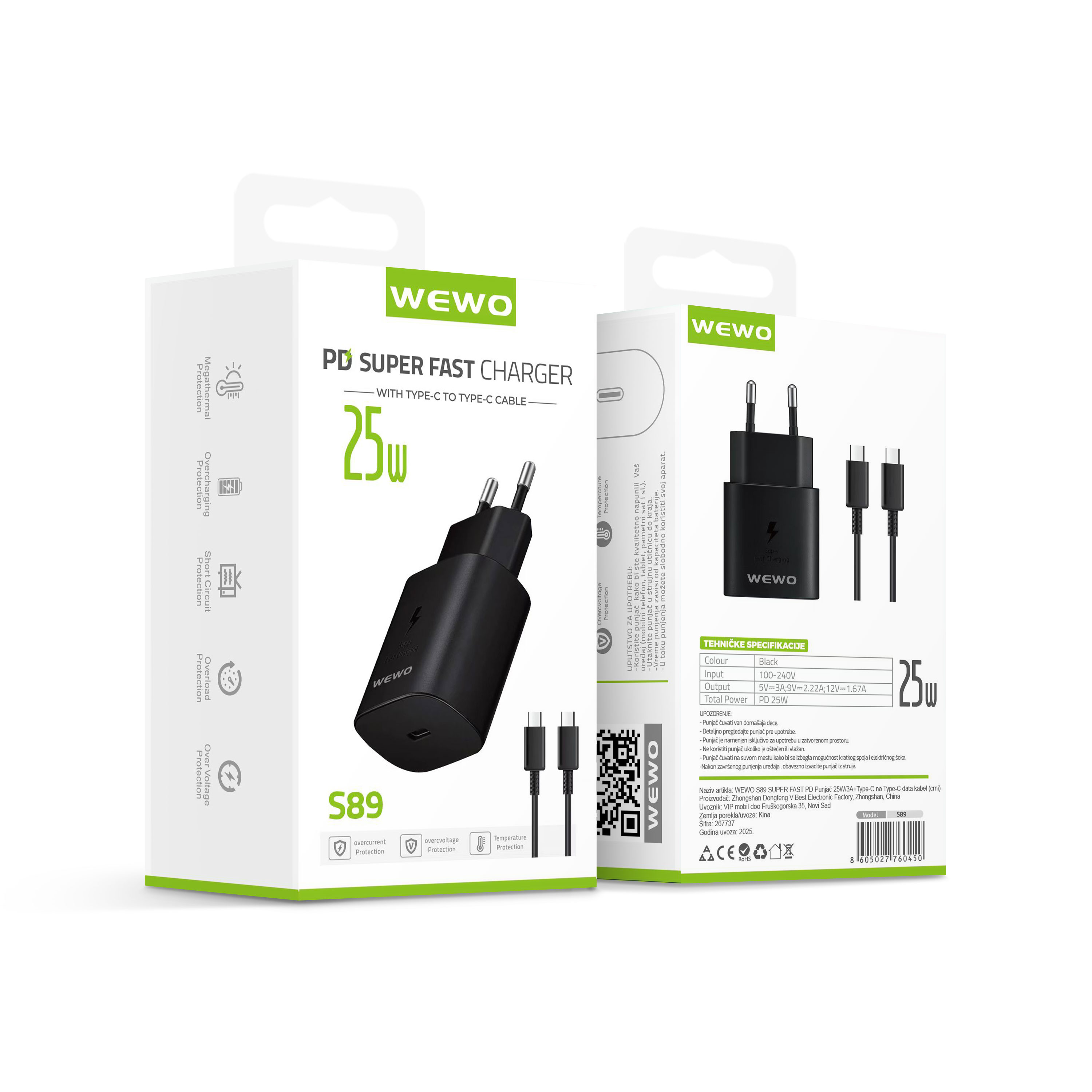 Wewo s89 super fast pd punjač 25w/3a + type-c na type-c data kabel (crni)