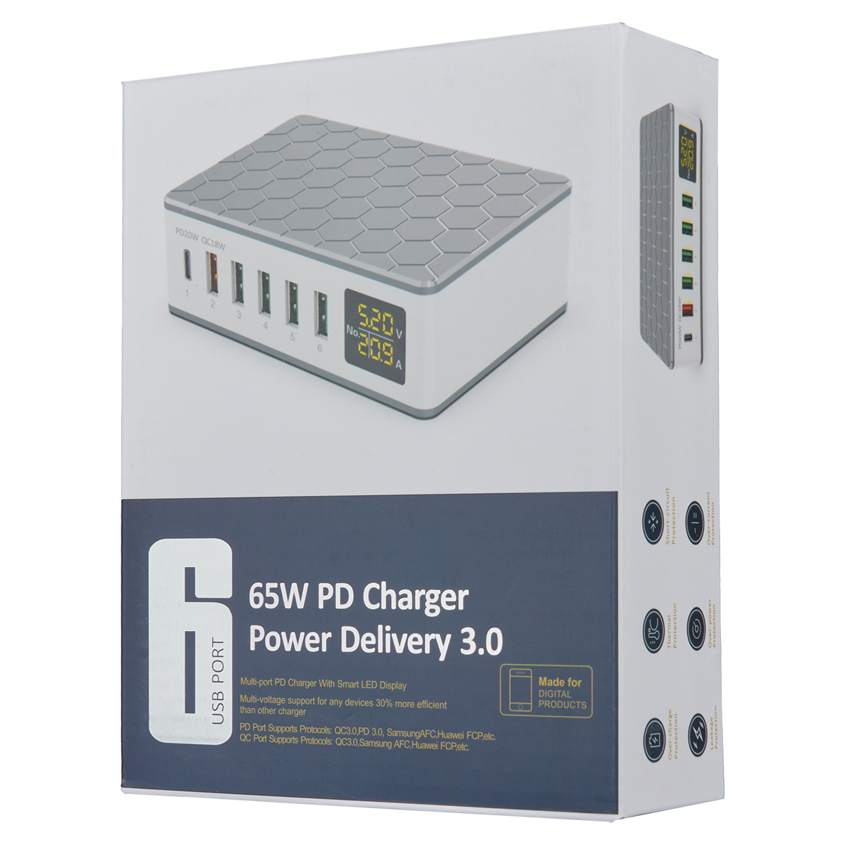 Wewo punjač sa led ekranom 65w (pd 20w + qc 3.0 18w + 4xusb 2.4a) crni