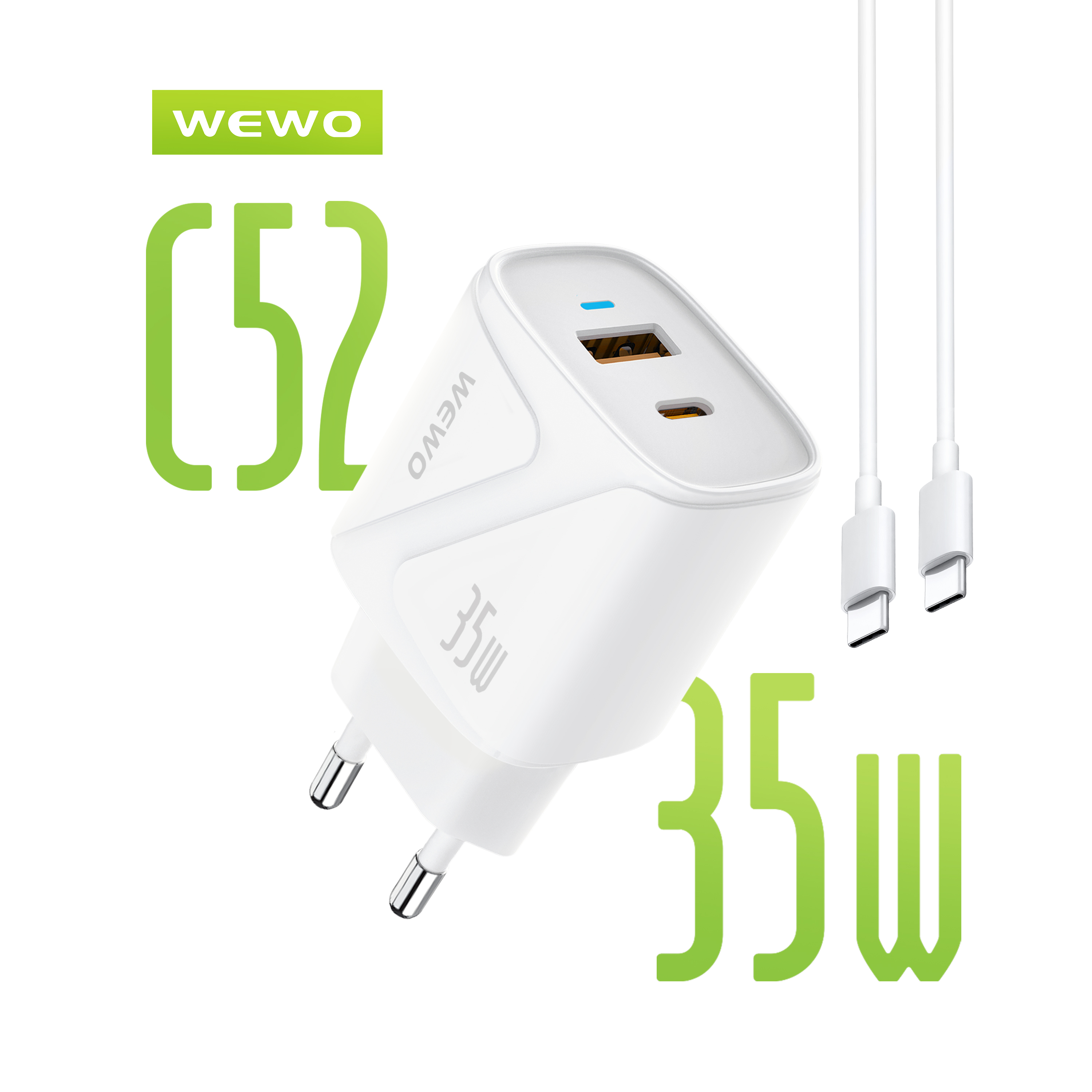 WEWO C52 SUPER FAST PD+USB Punjač QC 35W/3A + Type-C na Type-C data kabel (beli)