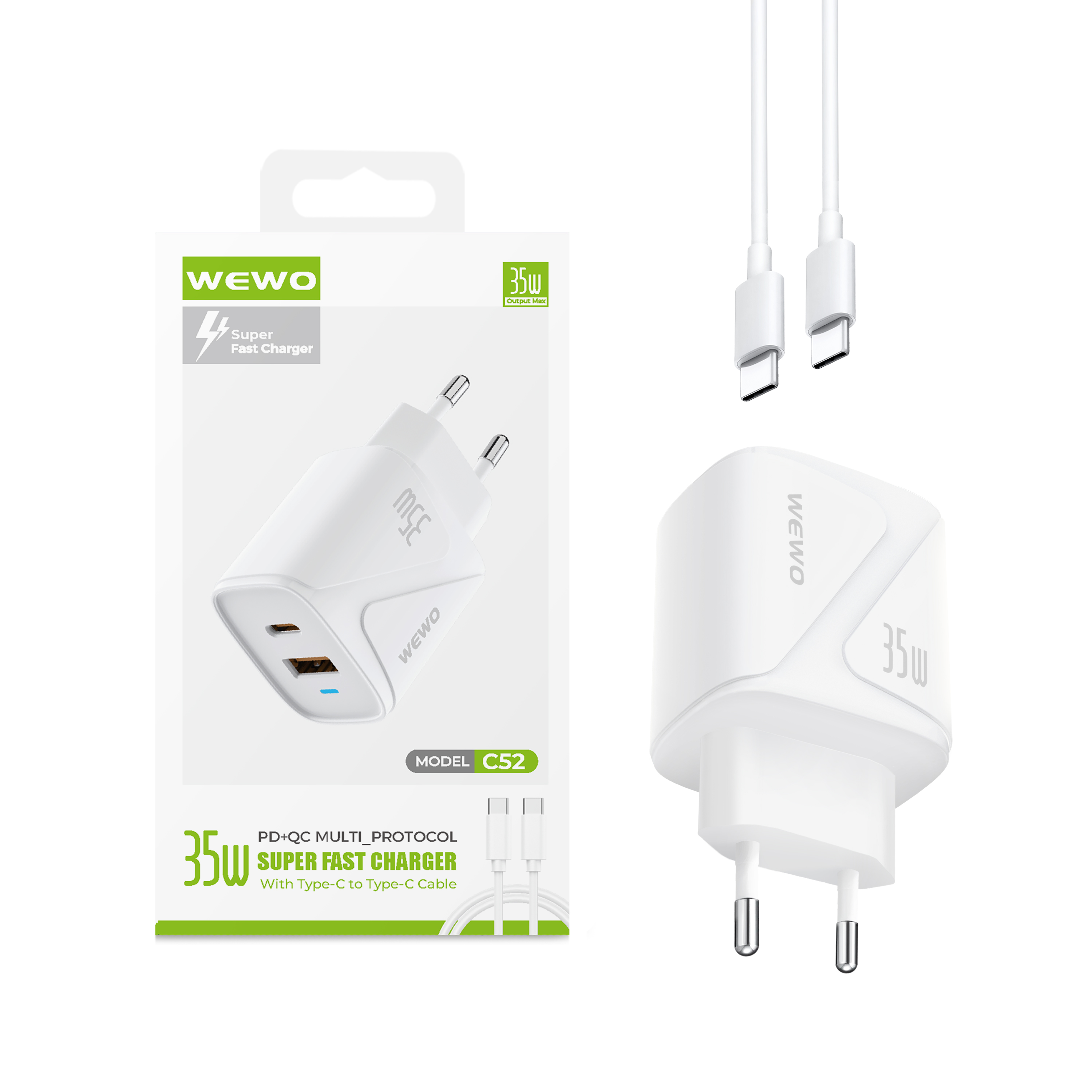 Wewo c52 super fast pd+usb punjač qc 35w/3a + type-c na type-c data kabel (beli)