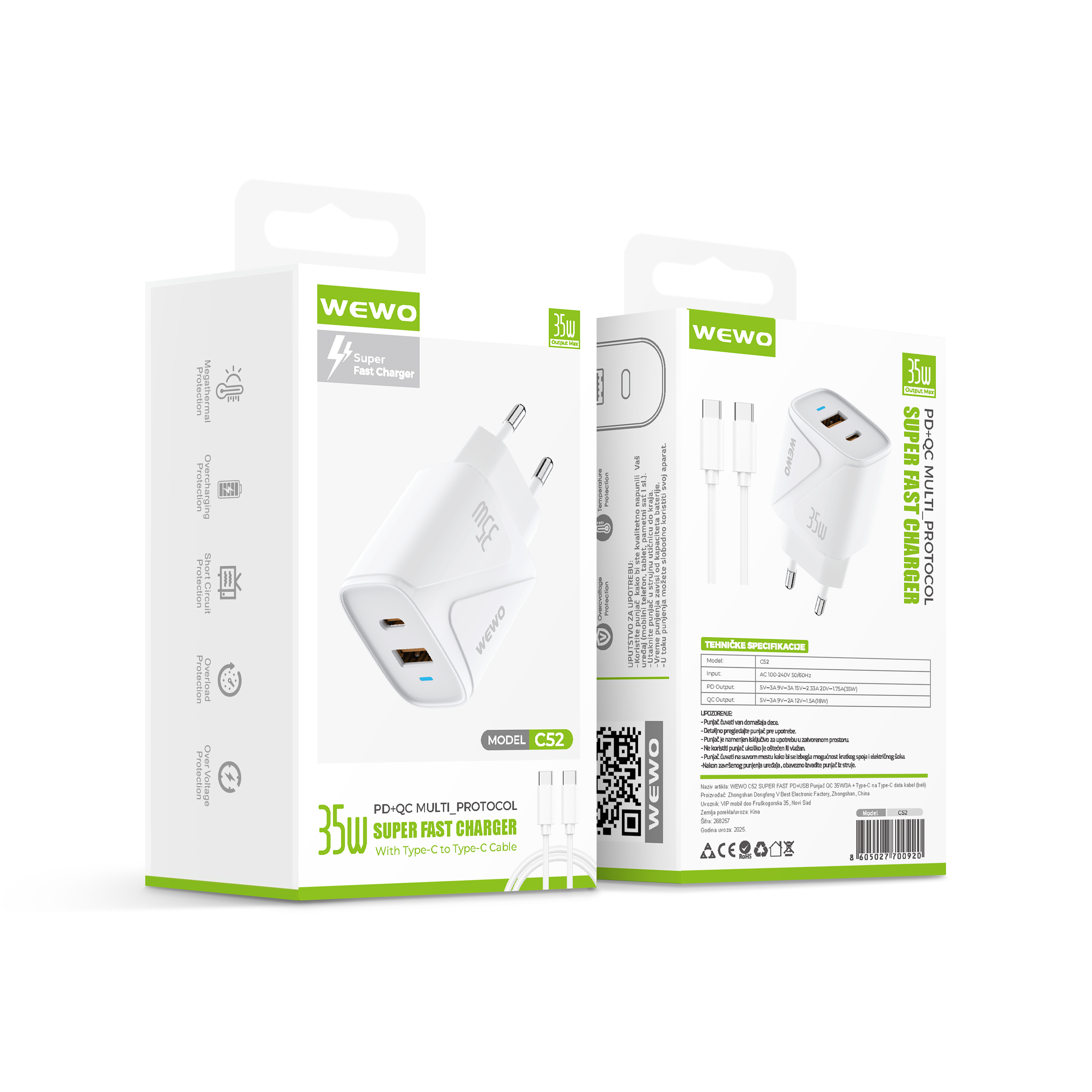 Wewo c52 super fast pd+usb punjač qc 35w/3a + type-c na type-c data kabel (beli)