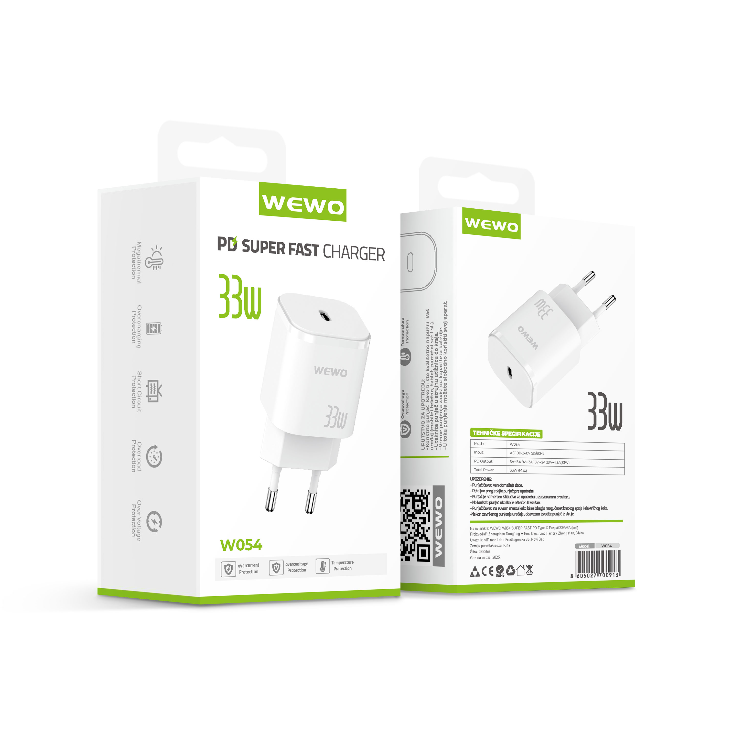 Wewo w054 super fast pd type-c punjač 33w/3a (beli)