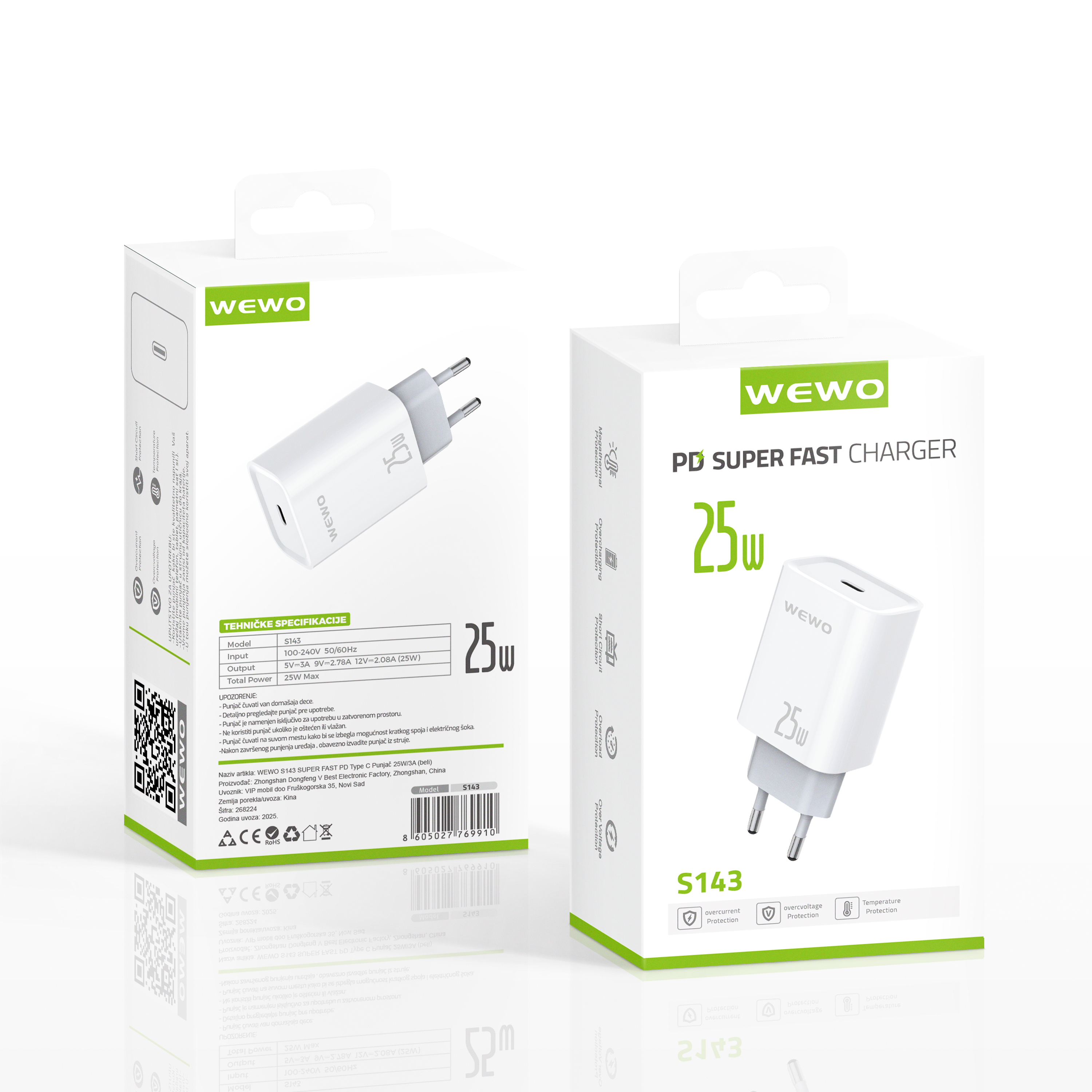 Wewo s143 super fast pd type c punjač 25w/3a (beli)