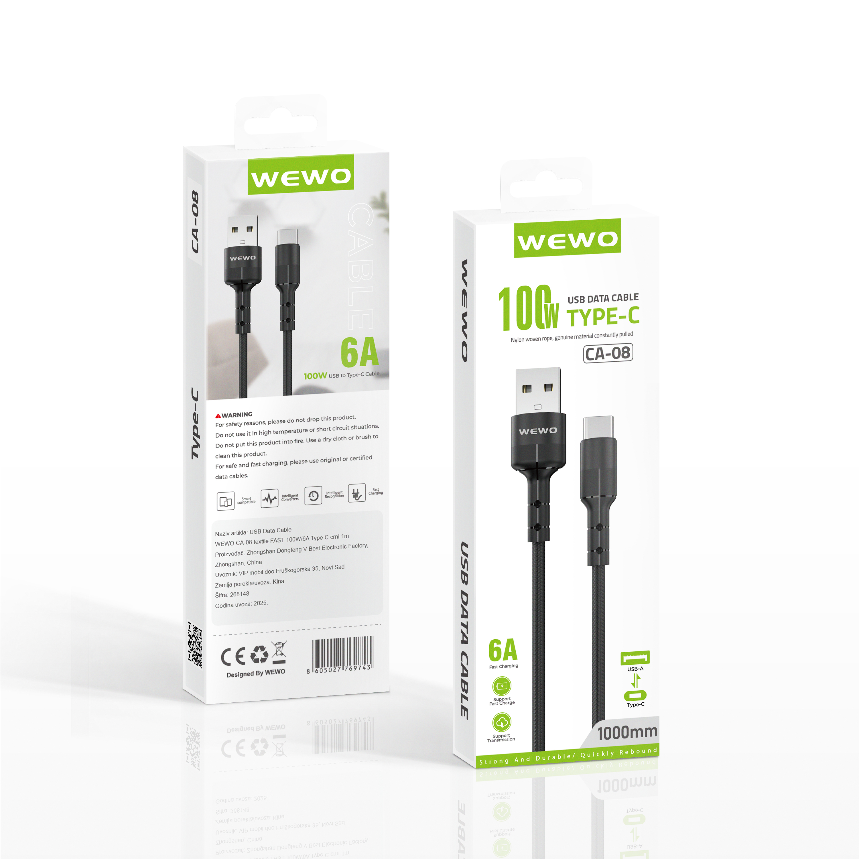 Usb data cable wewo ca-08 textile fast 100w/6a type c crni 1m