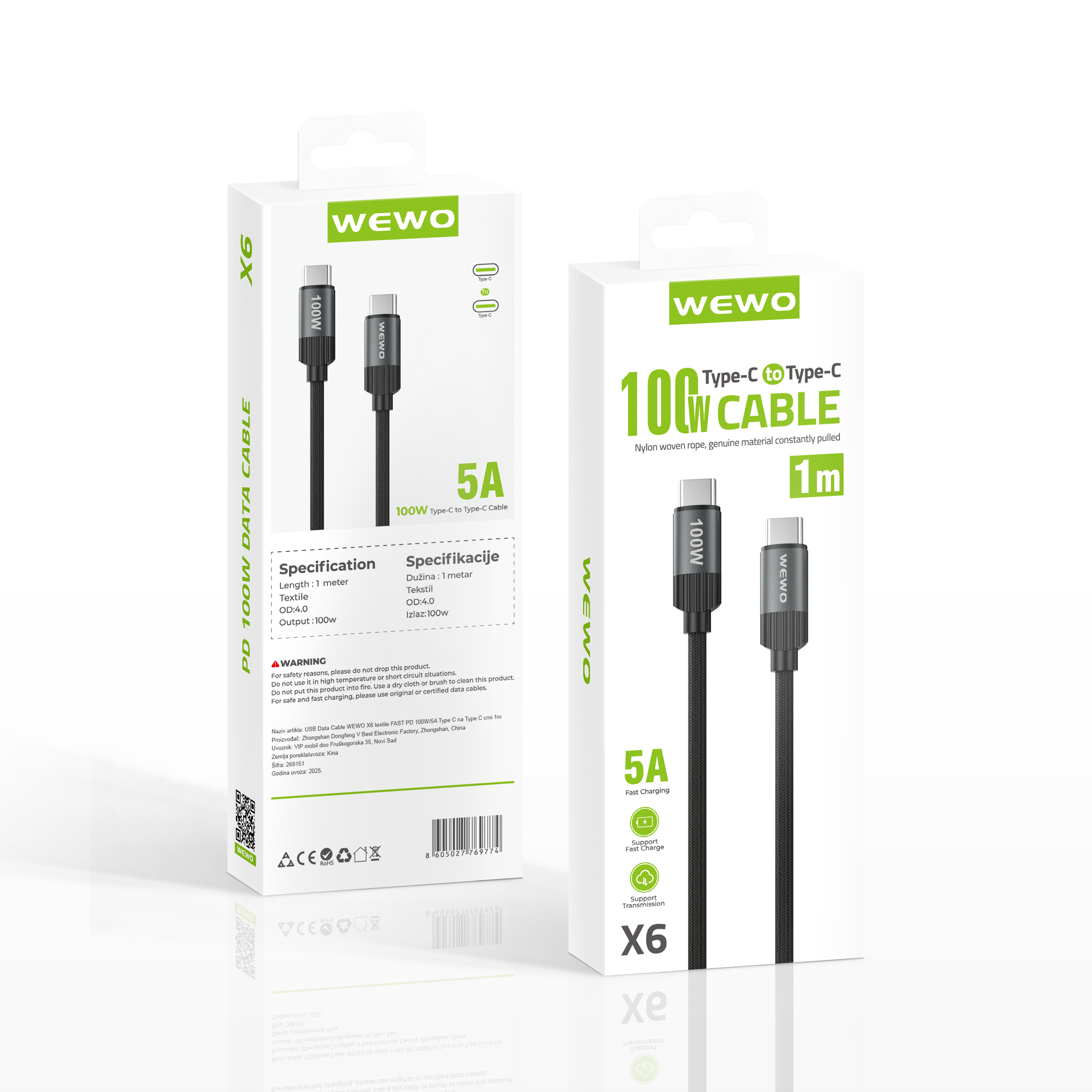 Usb data cable wewo x6 textile fast pd 100w/5a type c na type c crni 1m