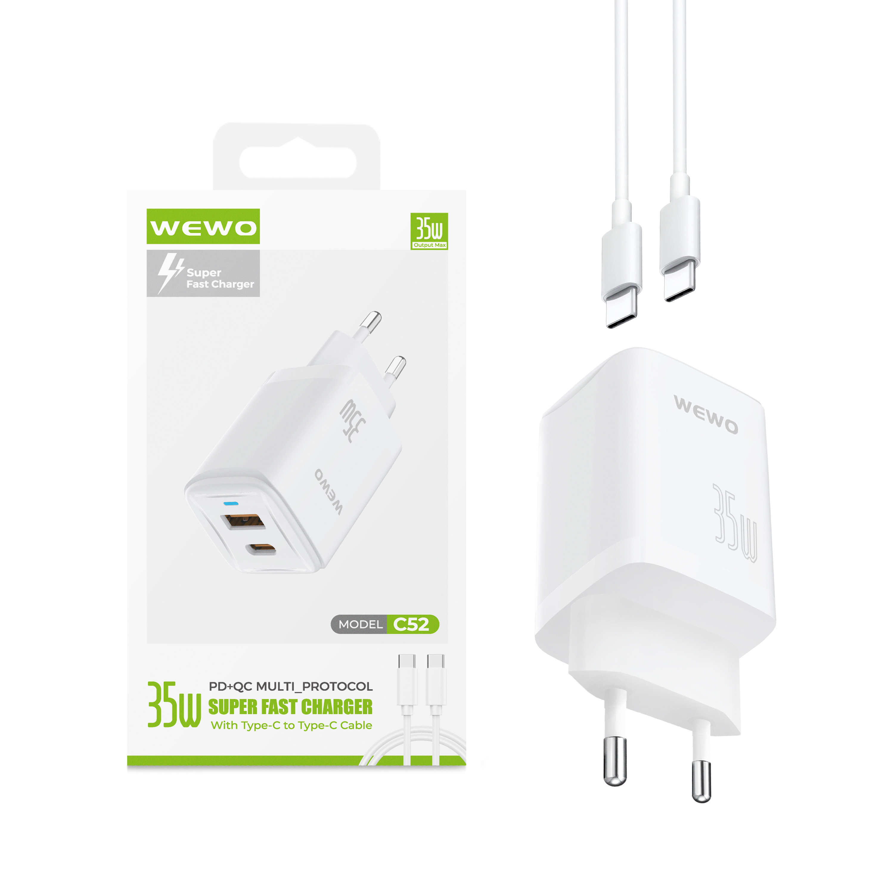 Wewo c52 super fast pd+usb punjač qc 35w/3a + type-c na type-c data kabel (beli)