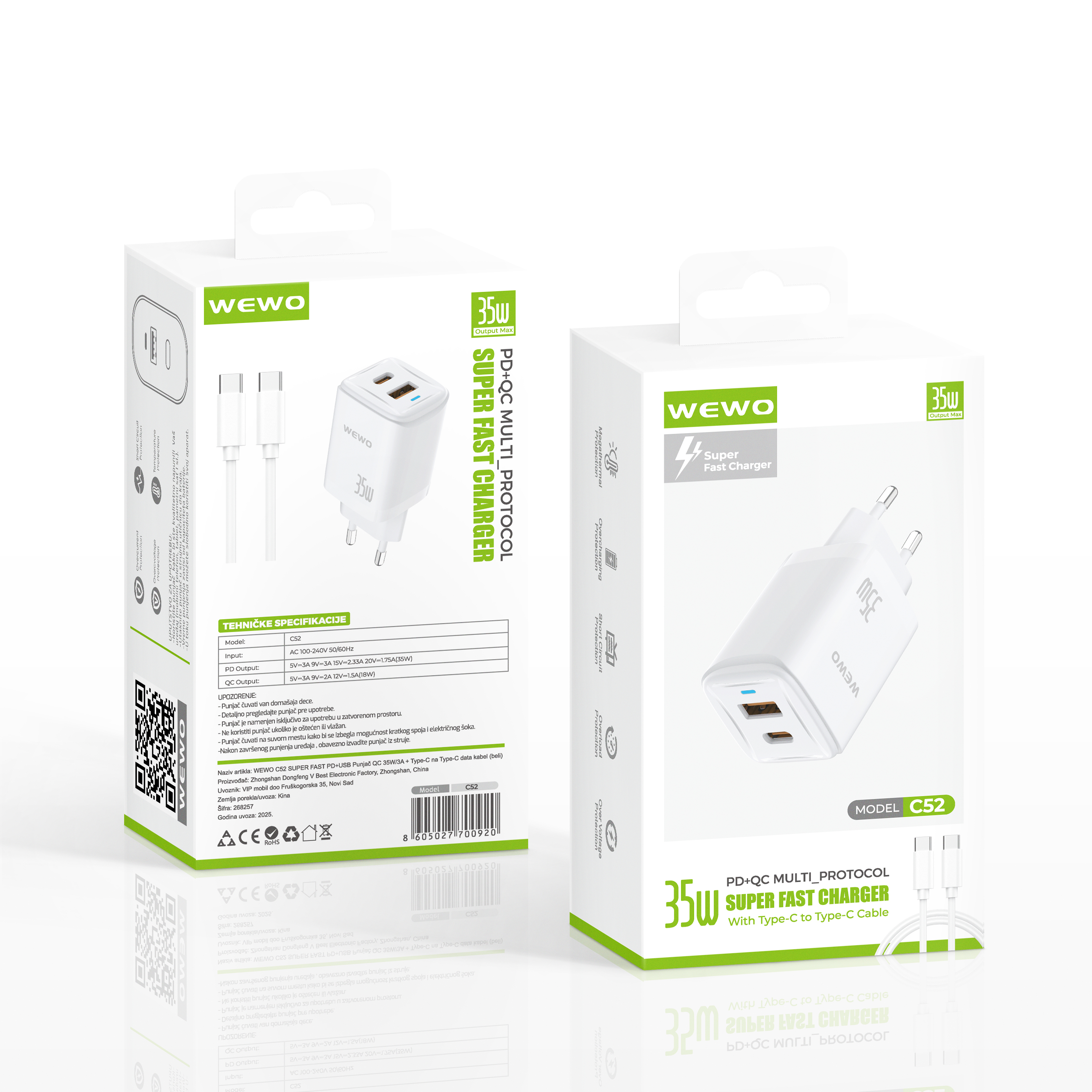 Wewo c52 super fast pd+usb punjač qc 35w/3a + type-c na type-c data kabel (beli)
