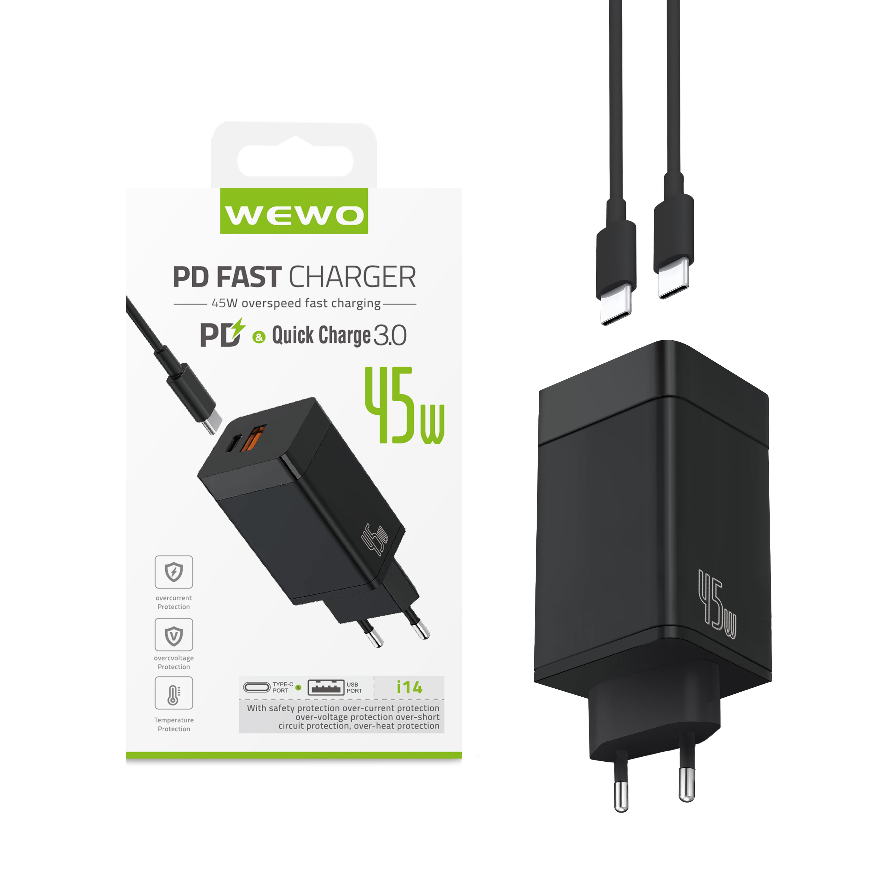Wewo i14 pd+usb punjač qc 45w/3a + type-c to type-c data cable (crni)