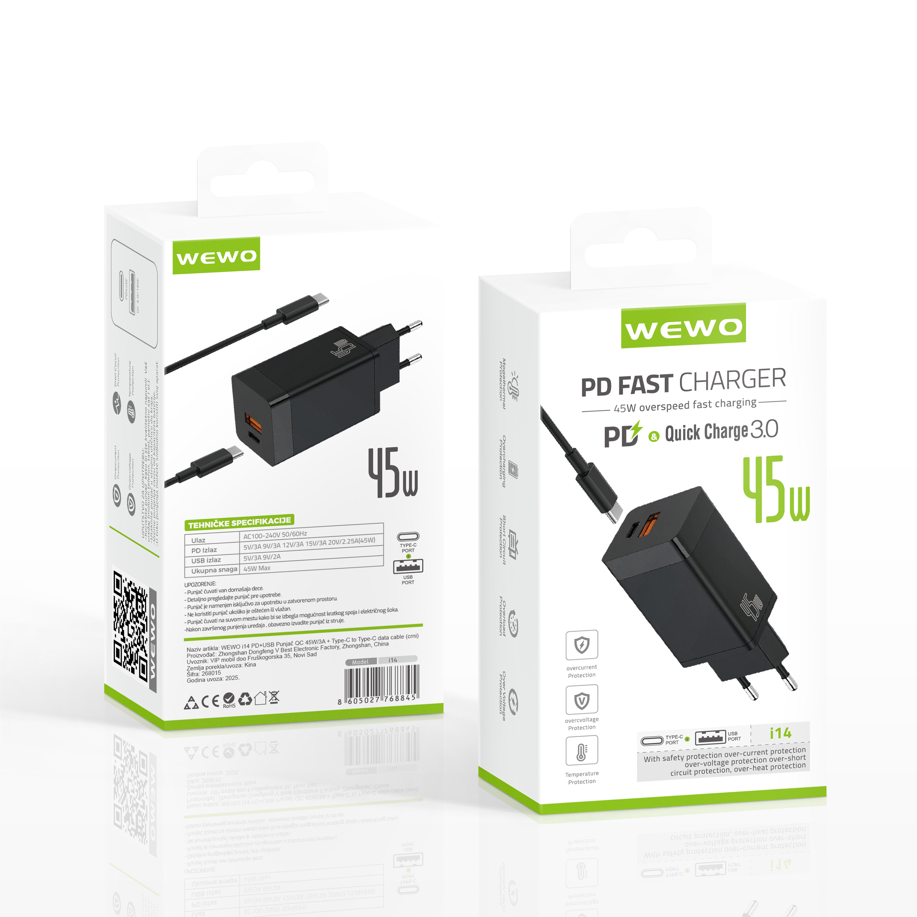 Wewo i14 pd+usb punjač qc 45w/3a + type-c to type-c data cable (crni)