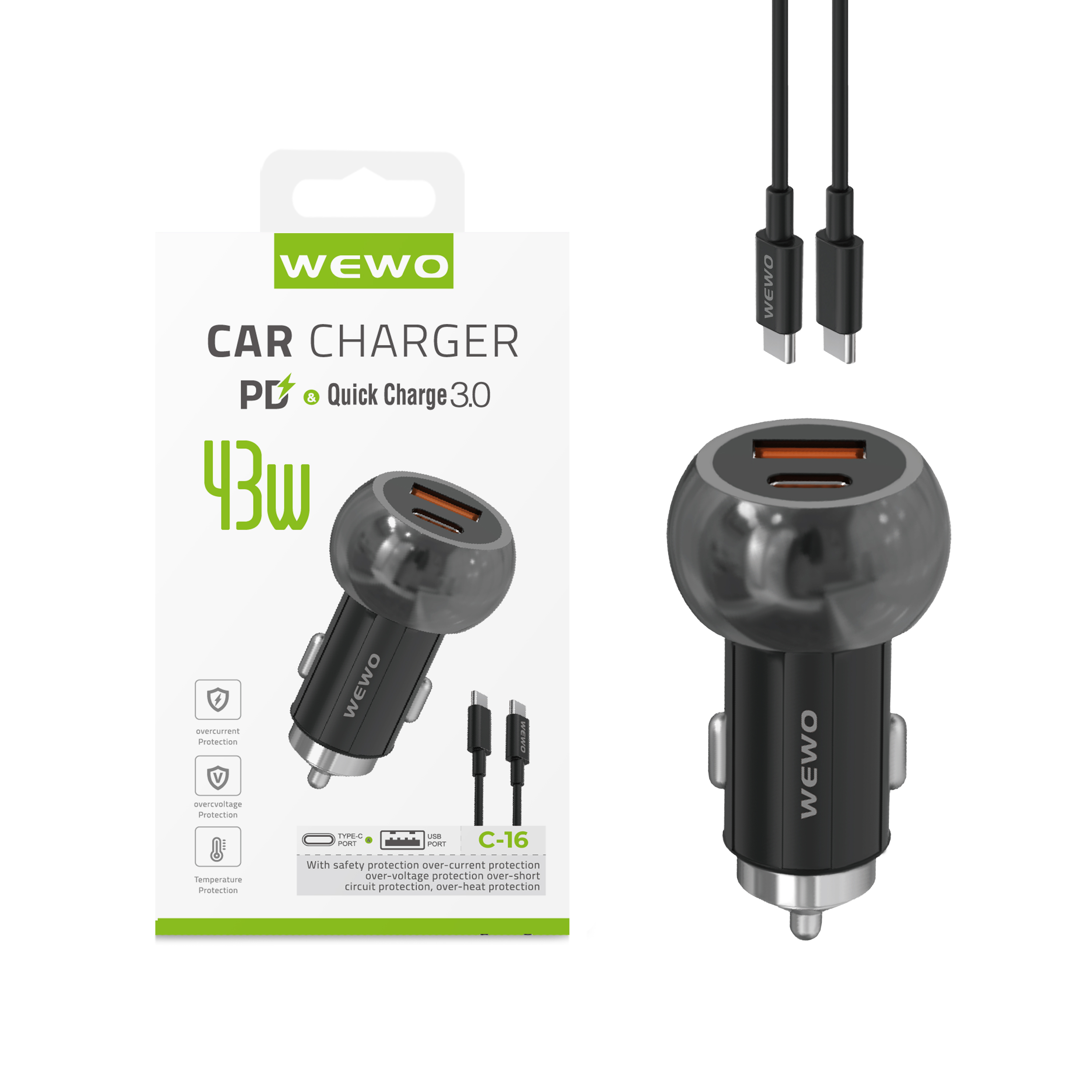 Wewo c-16 auto punjač pd + usb (43w/3a) sa type c na type c kablom (crni)