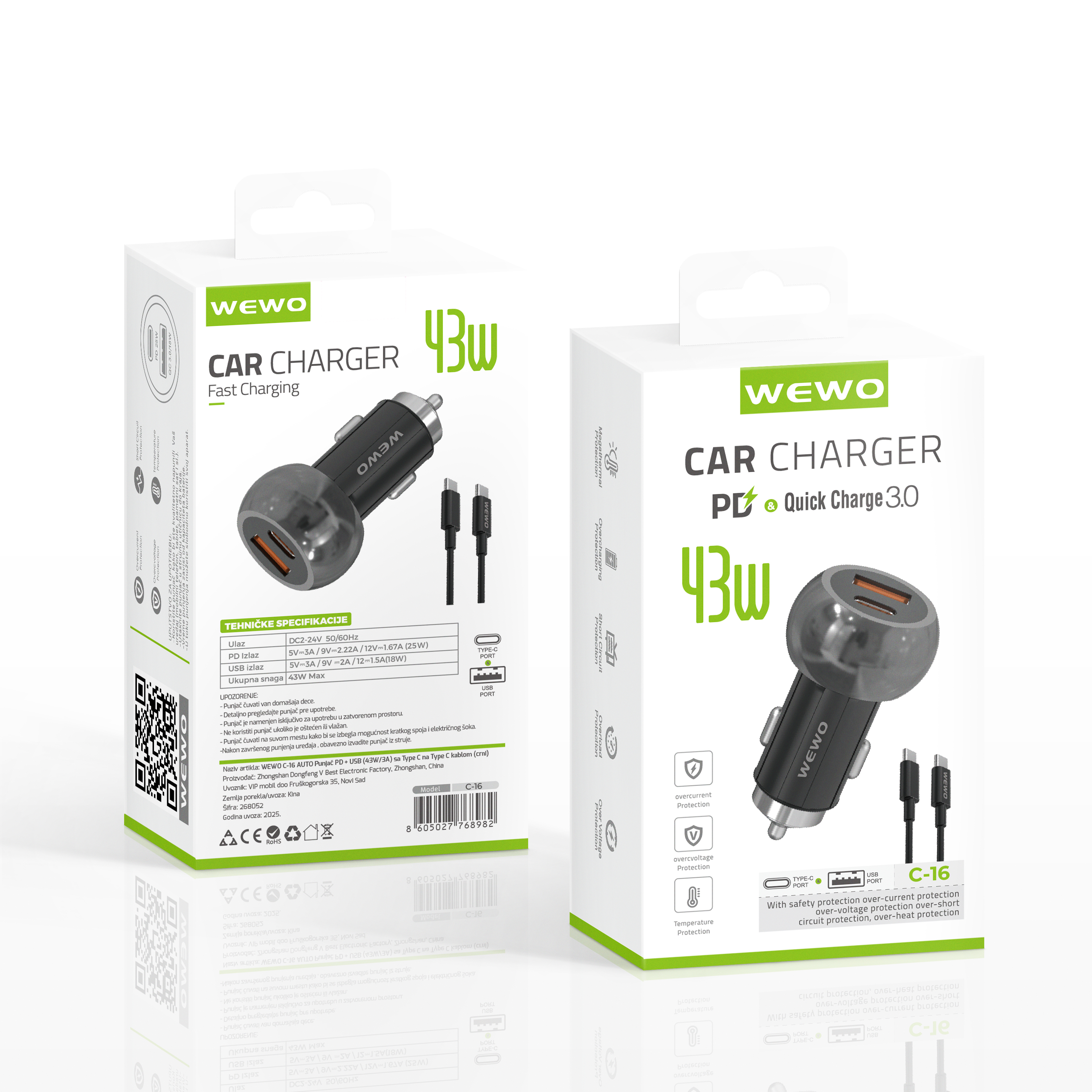 Wewo c-16 auto punjač pd + usb (43w/3a) sa type c na type c kablom (crni)