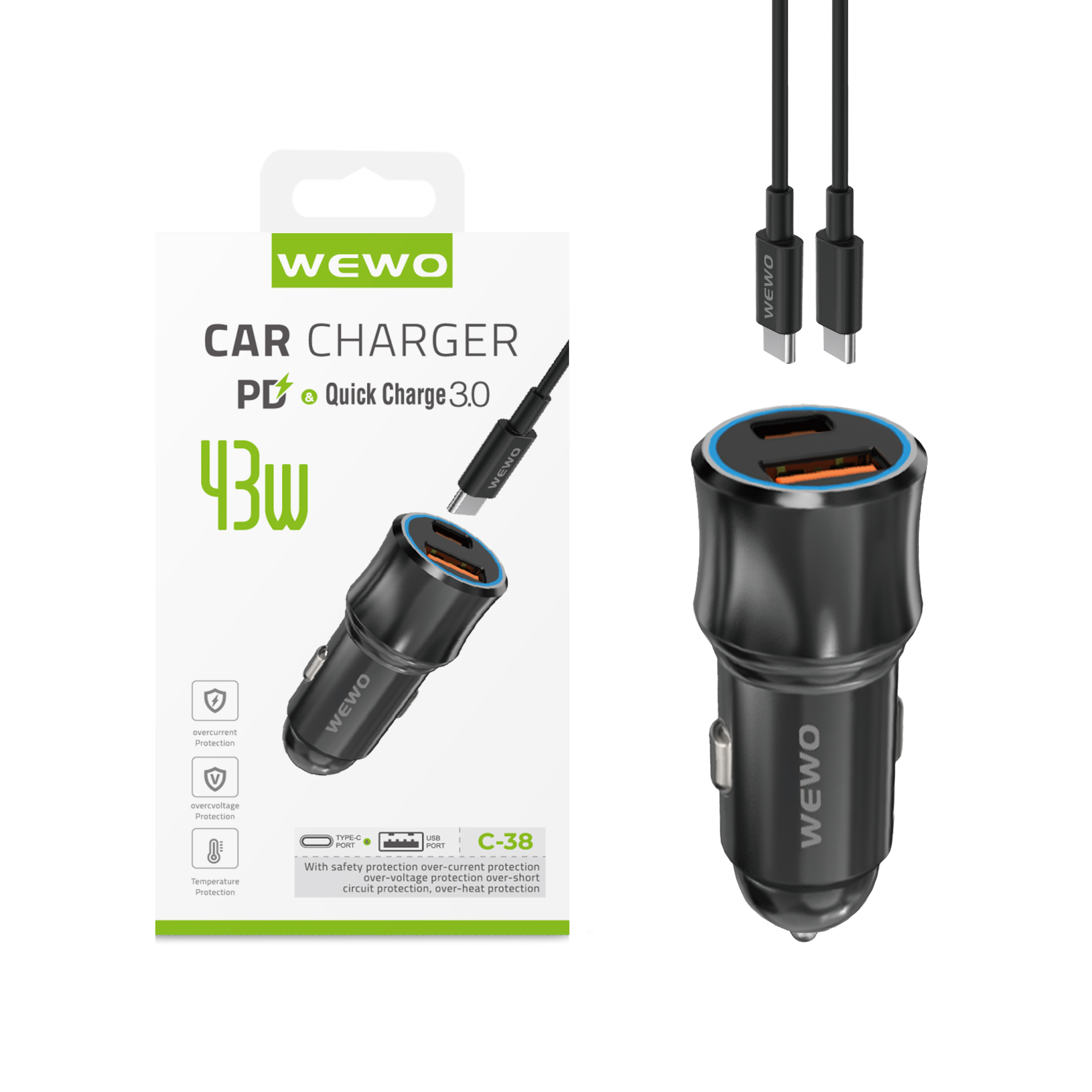 Wewo c-38 auto punjač pd + usb (43w/3a) sa type c na type c kablom (crni)