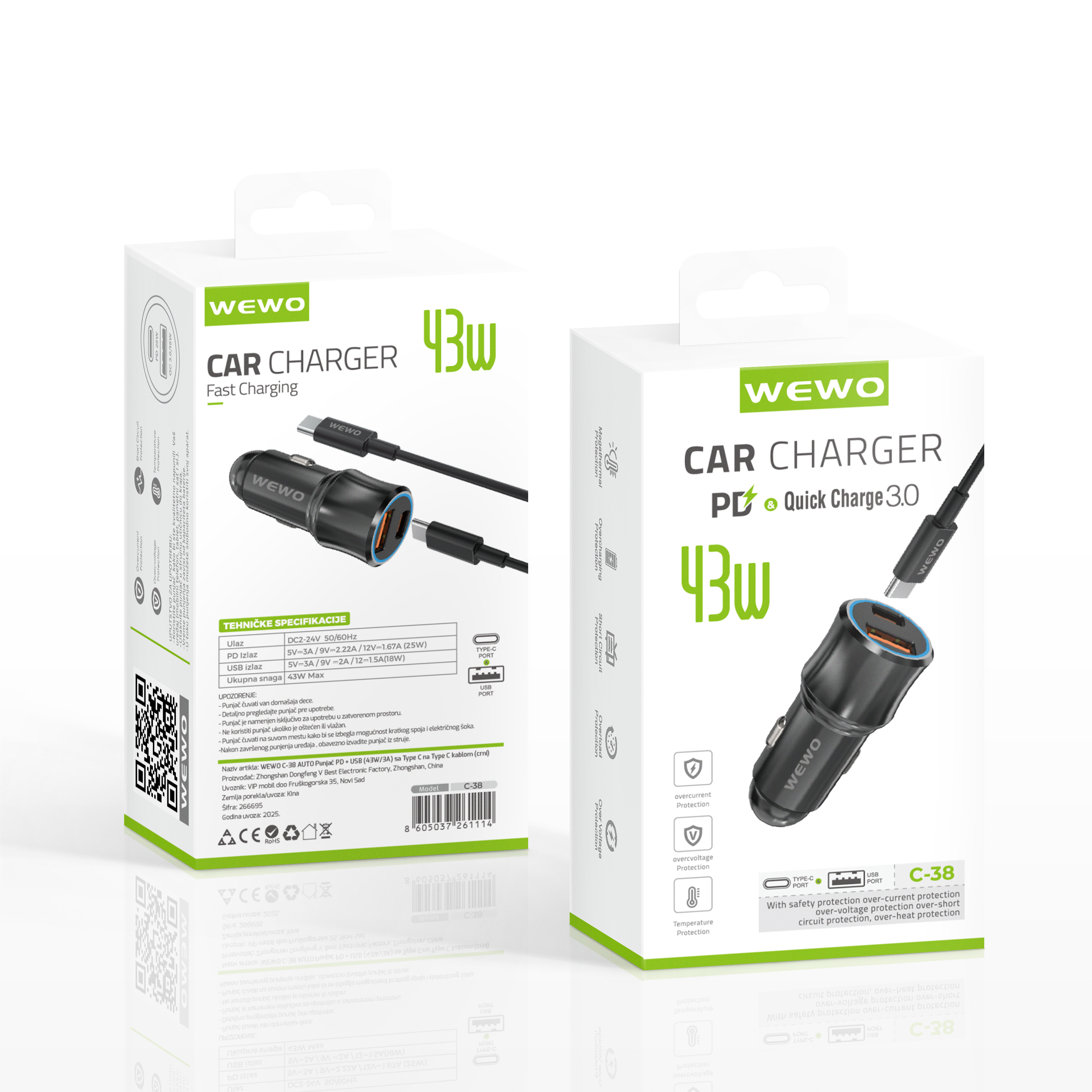 Wewo c-38 auto punjač pd + usb (43w/3a) sa type c na type c kablom (crni)
