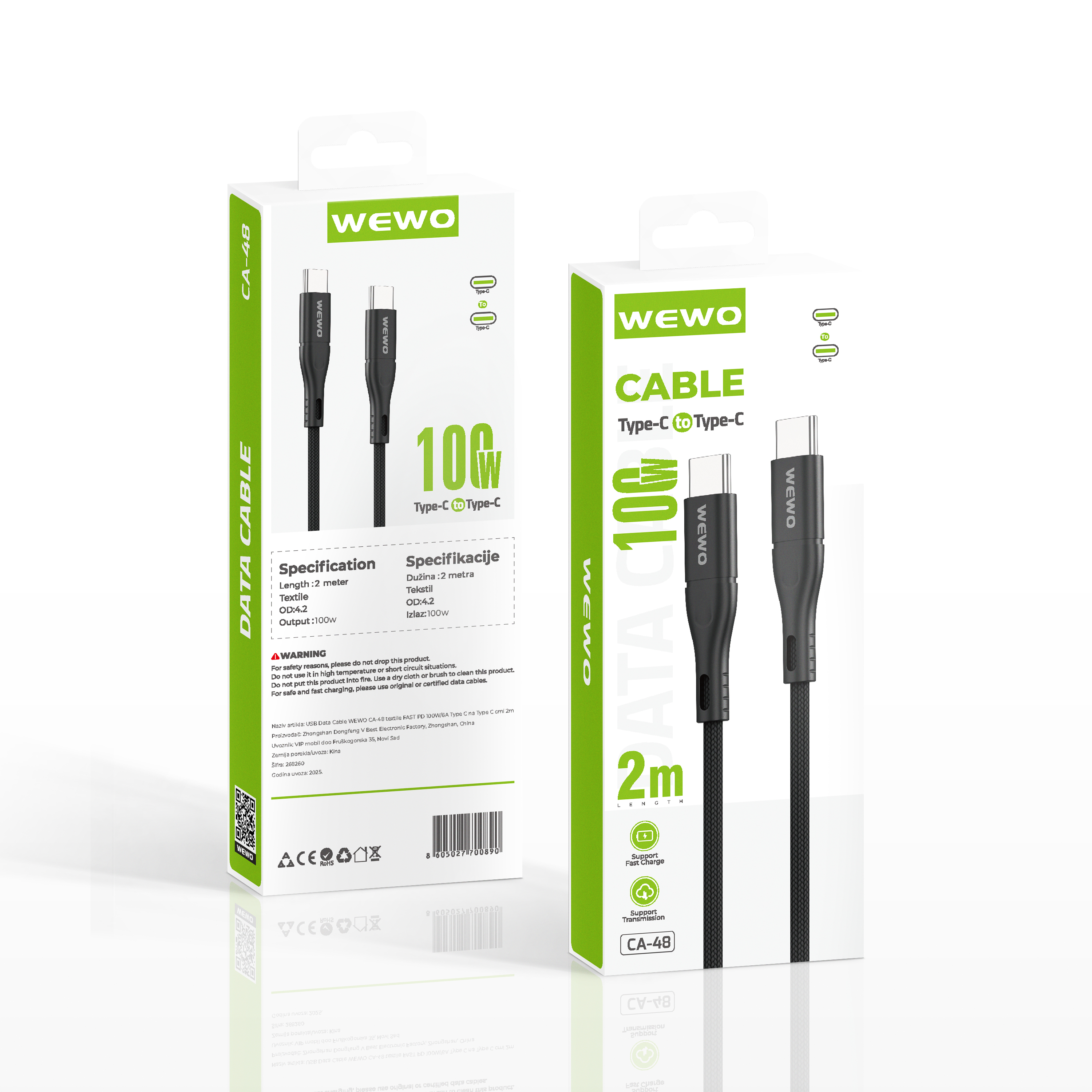 Usb data cable wewo ca-48 textile fast pd 100w/6a type c na type c crni 2m