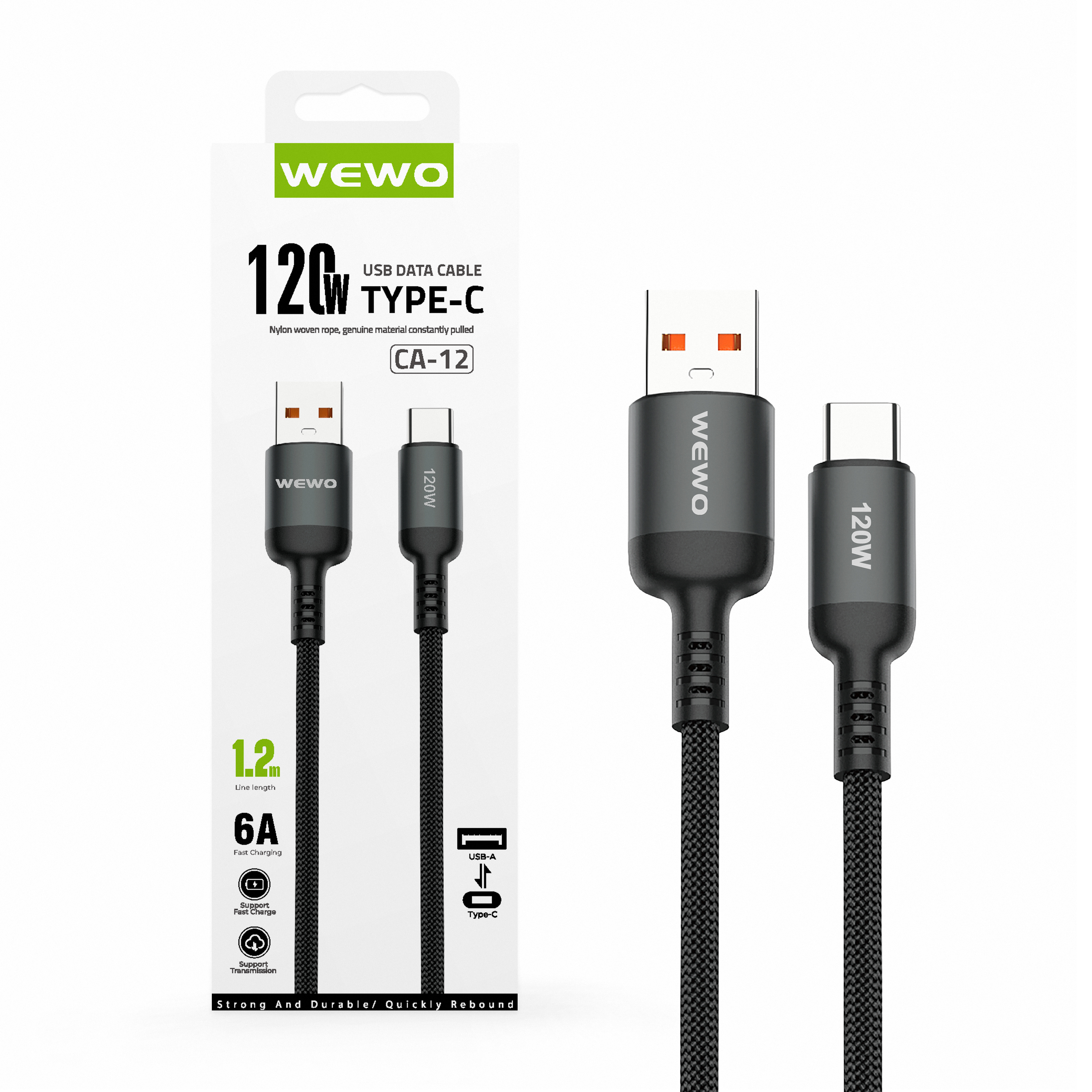 Usb data cable wewo ca-12 textile fast 120w/6a type c crni 1.2m