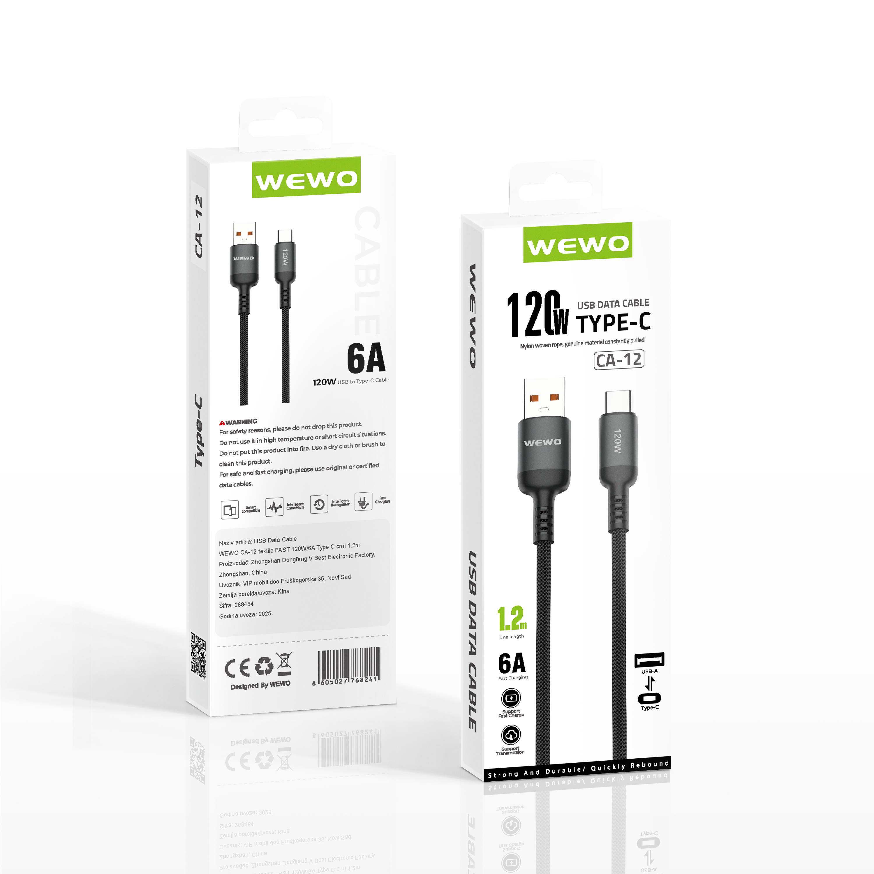 Usb data cable wewo ca-12 textile fast 120w/6a type c crni 1.2m
