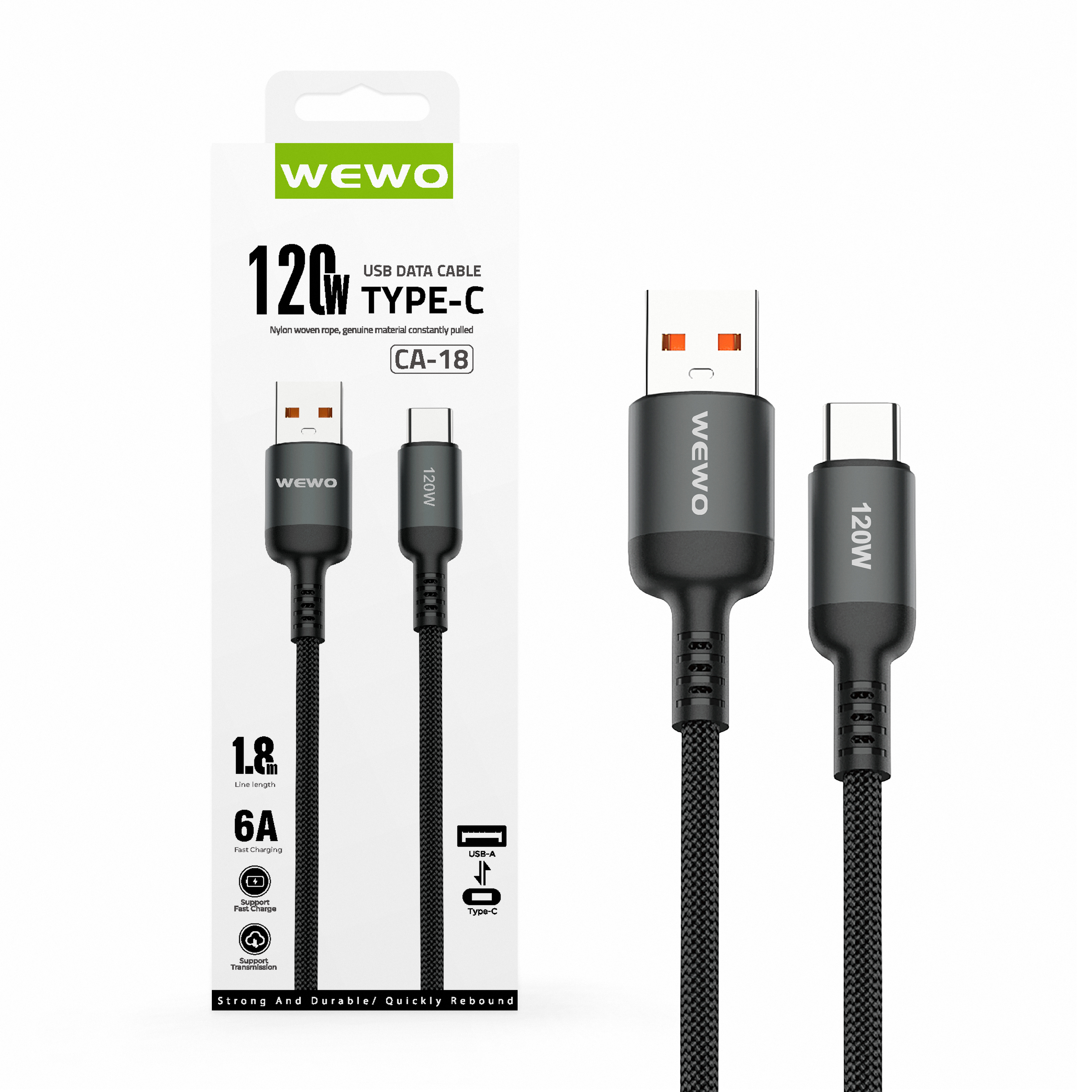 Usb data cable wewo ca-18 textile fast 120w/6a type c crni 1.8m