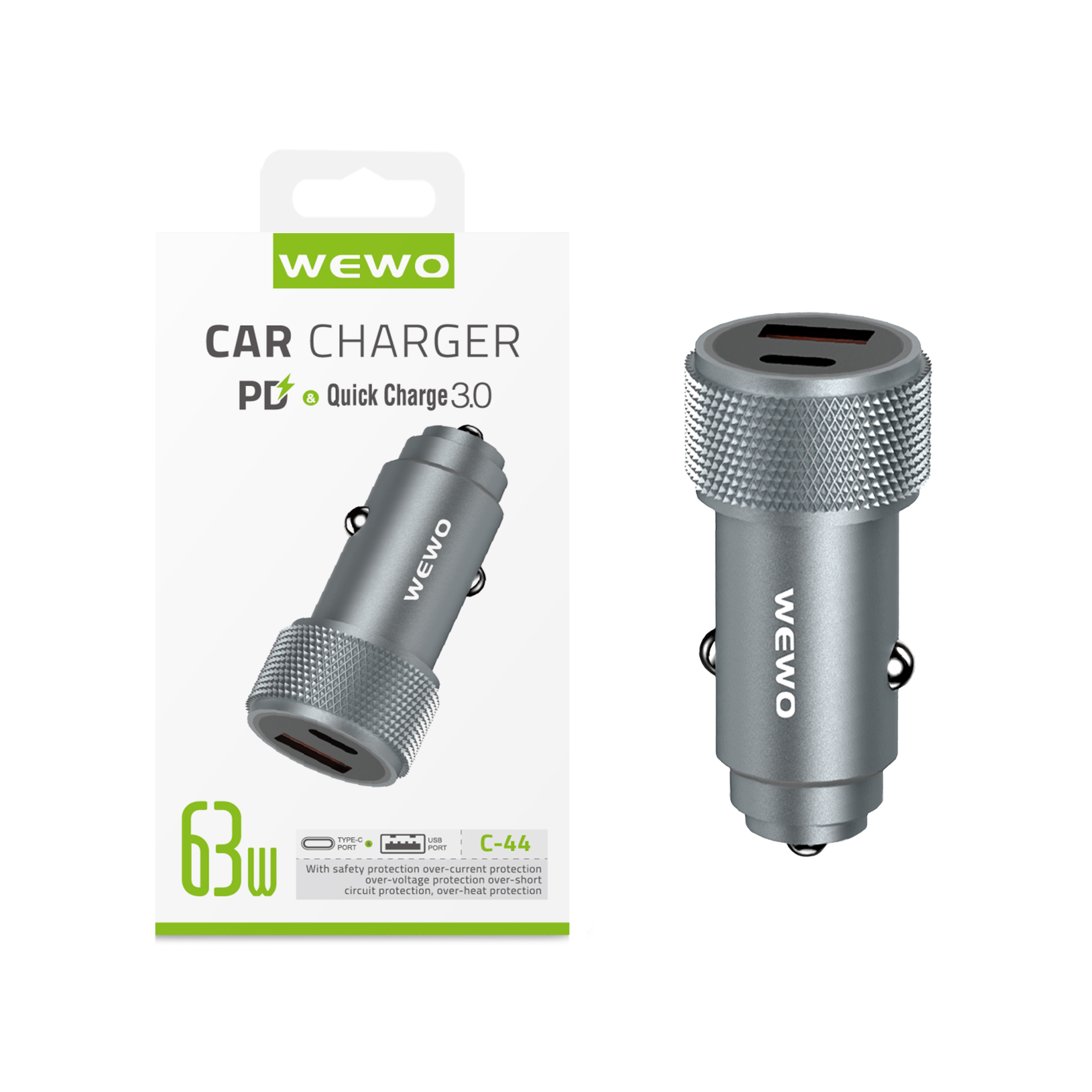 Wewo c-44 auto punjač pd + usb (63w/3a) sivi