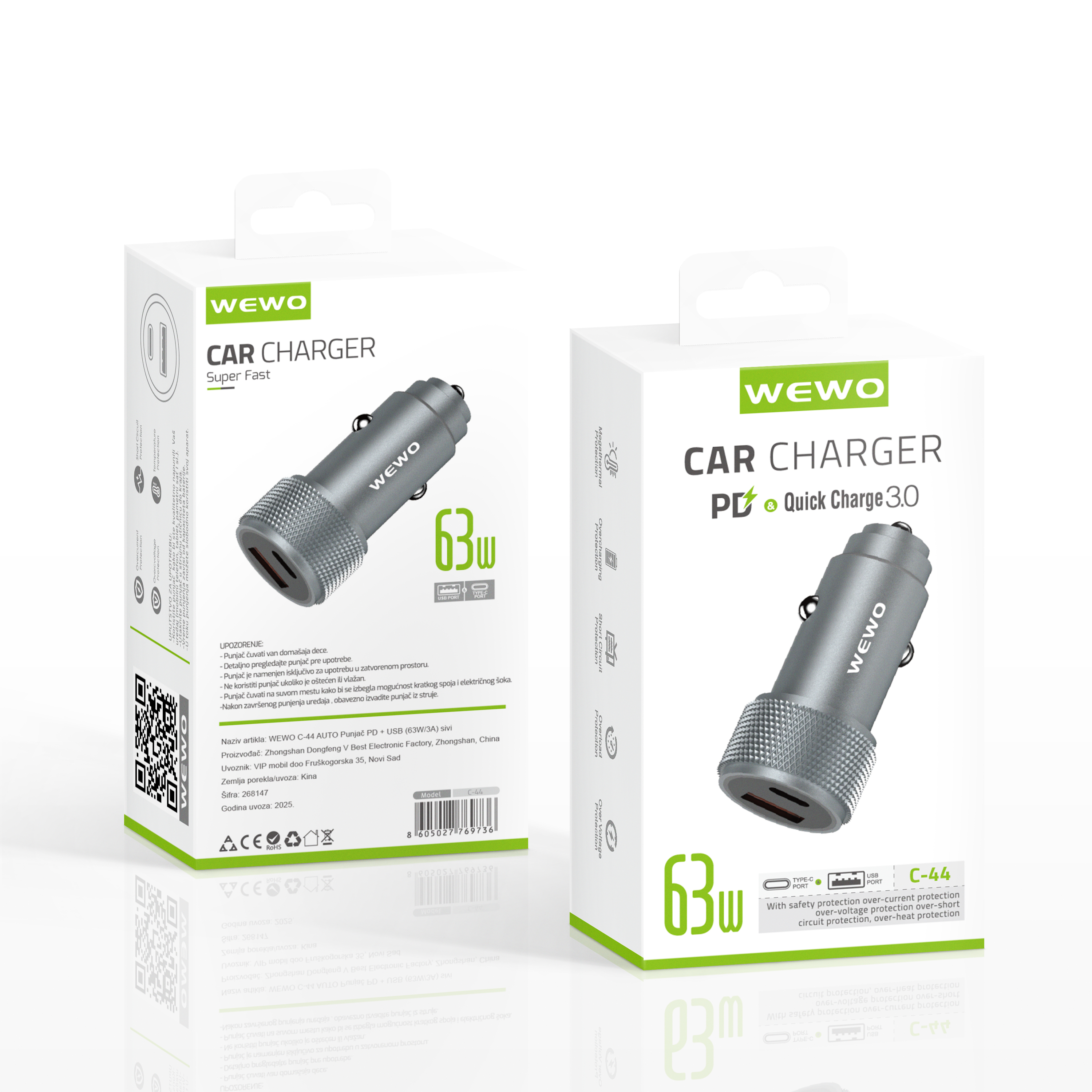Wewo c-44 auto punjač pd + usb (63w/3a) sivi