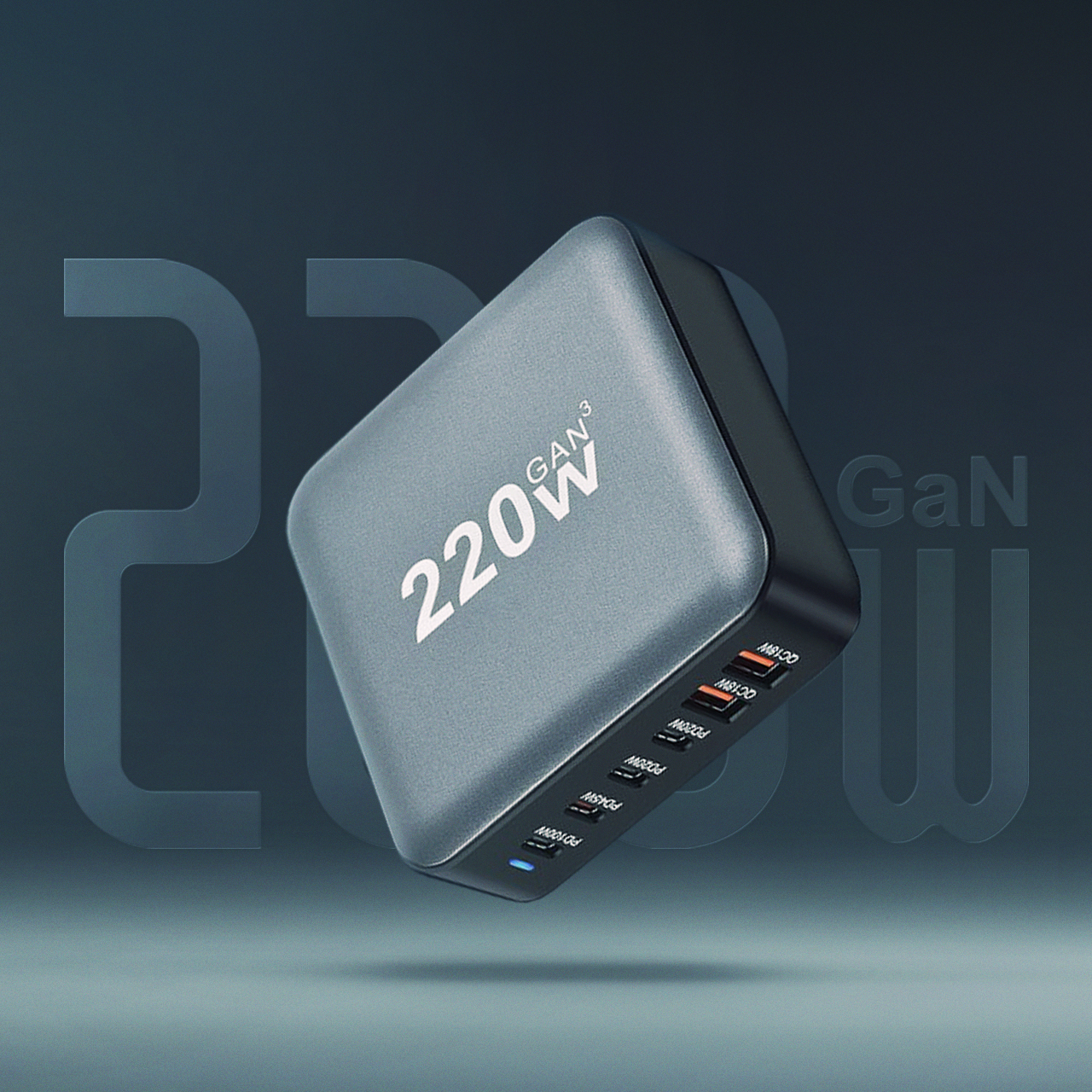 POWERFUL TD-LTE Punjač 220W GaN (2XPD 20W + PD 45W + PD 100W + 2XUSC QC 3.0 18W) crni