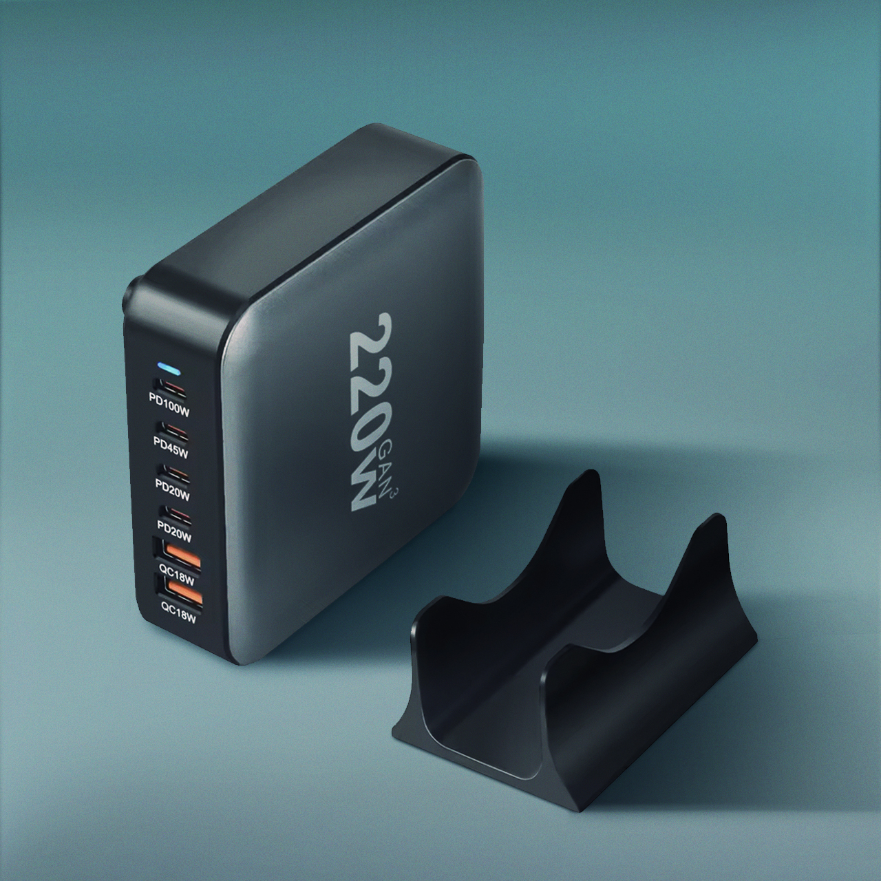 Powerful td-lte punjač 220w gan (2xpd 20w + pd 45w + pd 100w + 2xusc qc 3.0 18w) crni