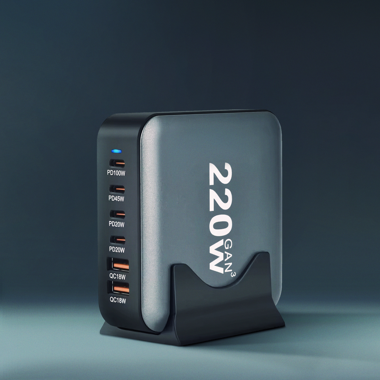 Powerful td-lte punjač 220w gan (2xpd 20w + pd 45w + pd 100w + 2xusc qc 3.0 18w) crni