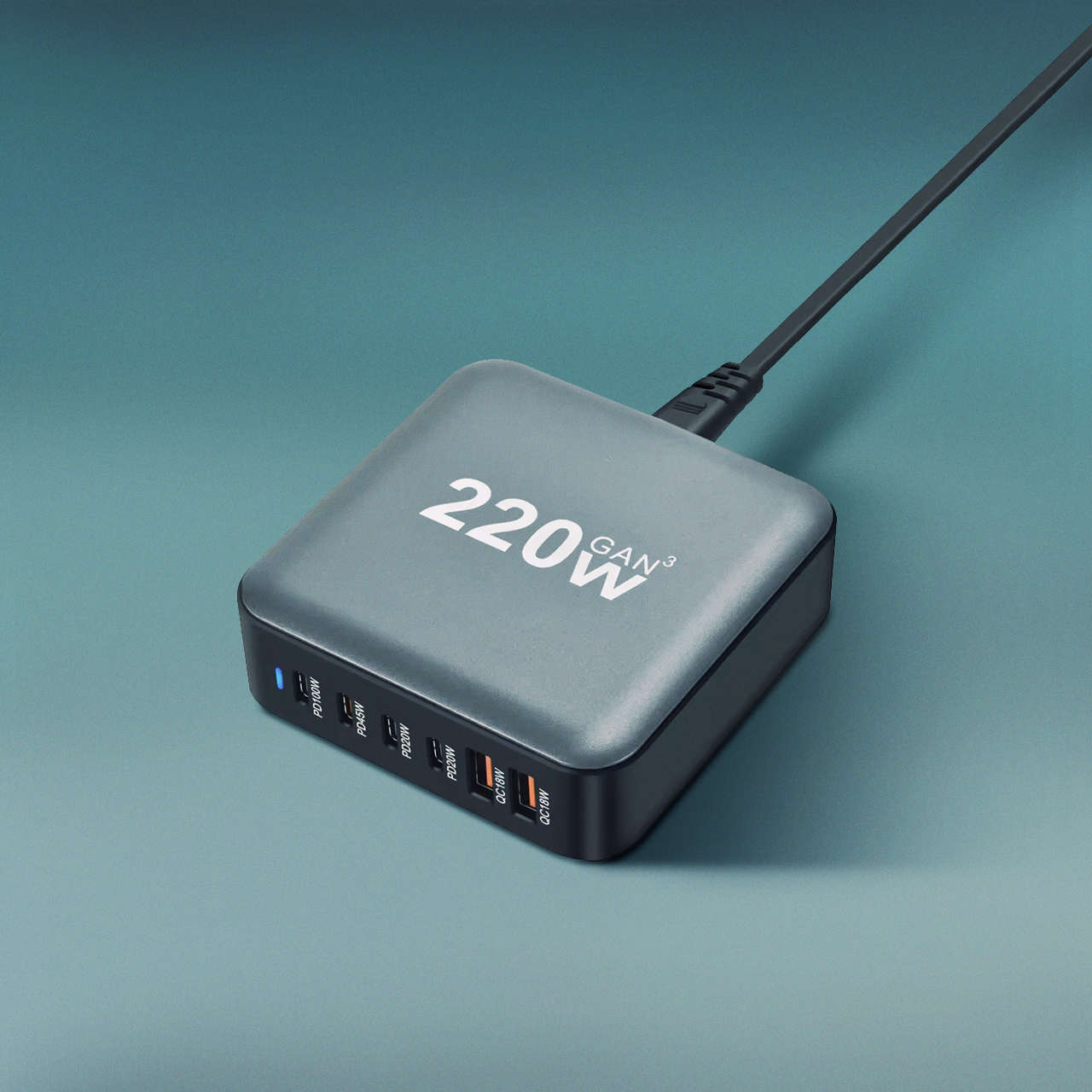 Powerful td-lte punjač 220w gan (2xpd 20w + pd 45w + pd 100w + 2xusc qc 3.0 18w) crni